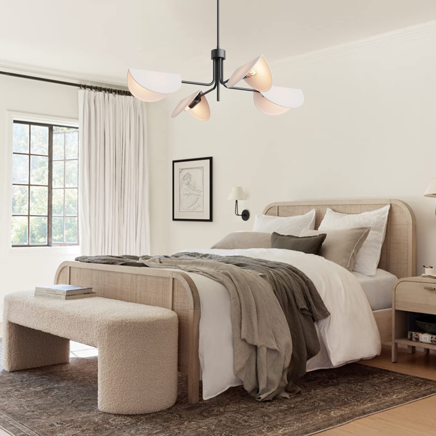 Seol-Light 4-Light Fold White Linen Blossom Shades Chandelier With Black Metal Stems,E12,160W,30'' Dia Large;