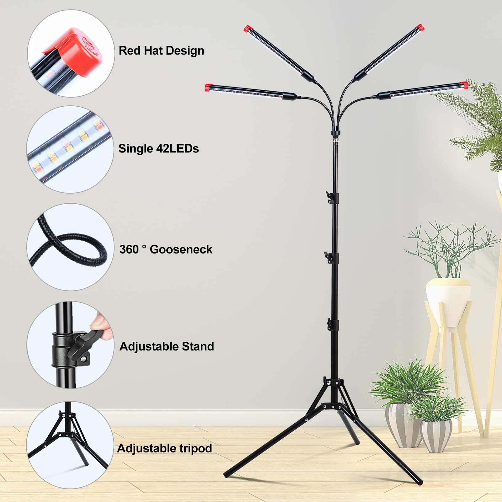 GroCruiser 4-Head Tripod Stand Grow Lights, 36W LED, Black, Aluminum, Model ZH_GL_RH, Ideal for Tall House Plants and Seed Starting
