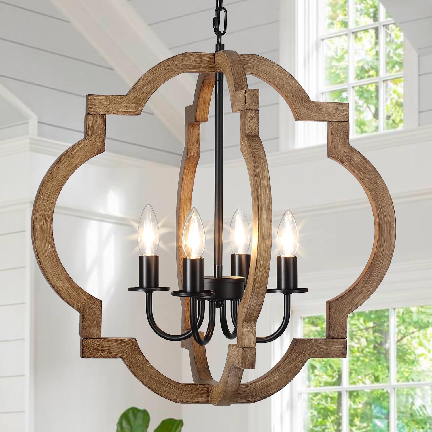 4-Light Farmhouse Wood Chandelier, Rustic Orb Chandelier for Dining Room, 21.65'' Pendant Light for Kitchen Island Hallway Foyer