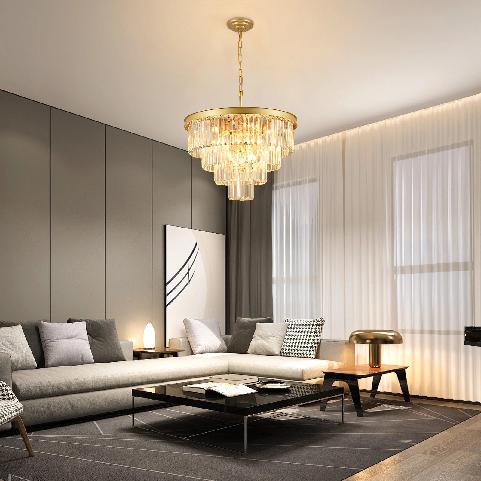 Crystal Chandeliers For Dining Room Lights Fixture Over Table  15 Lights Gold Modern Chandeliers For Living Room  4-Tier Round Crystal Lighting Fixtures For Bedroom Entryway Kitchen Island D24 Inch