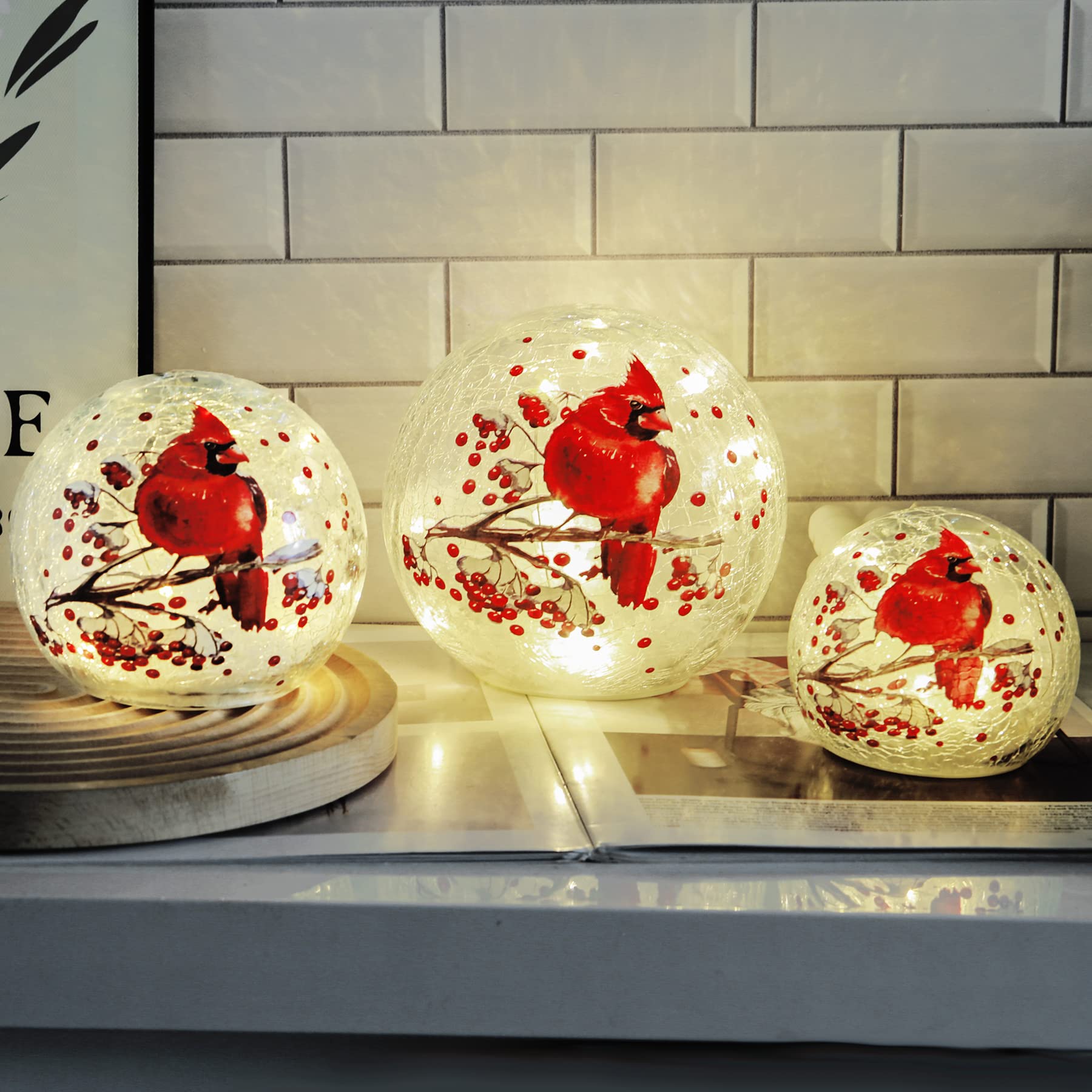 Cordless Crackle Glass Ball Cardinal Lamp with Timer, Battery Operated Led Red Bird Stained Christmas Decor Accent Sphere Table 