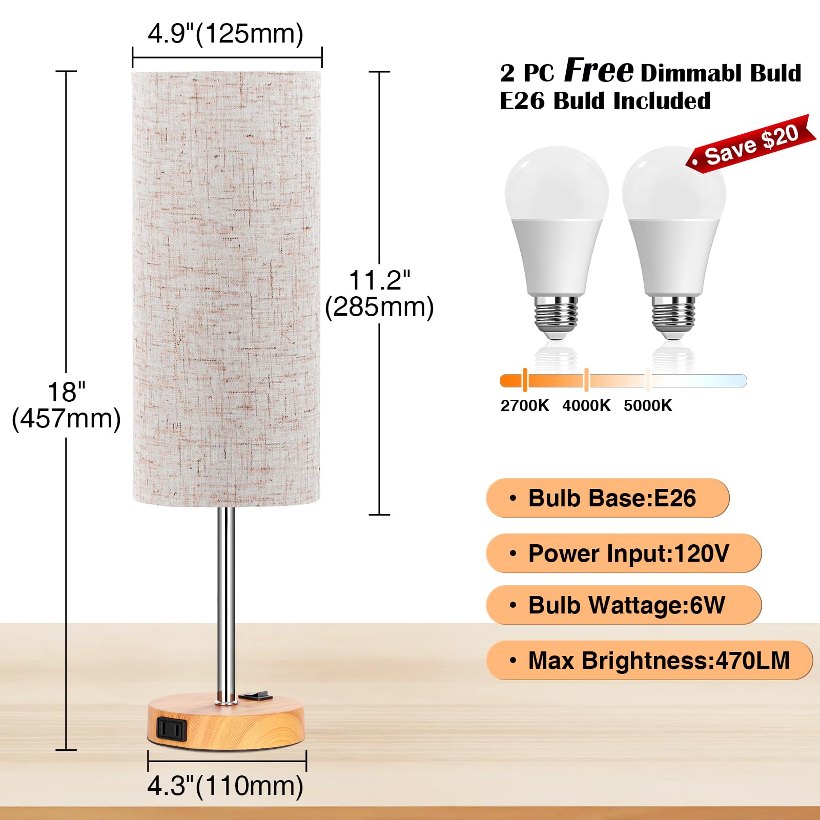 ZJOJO Table Lamp 2 Pack, 18in Dimmable with Rocker Switch, Flaxen Fabric Shade, Woodgrain Base, Model RD-PTL6W-036