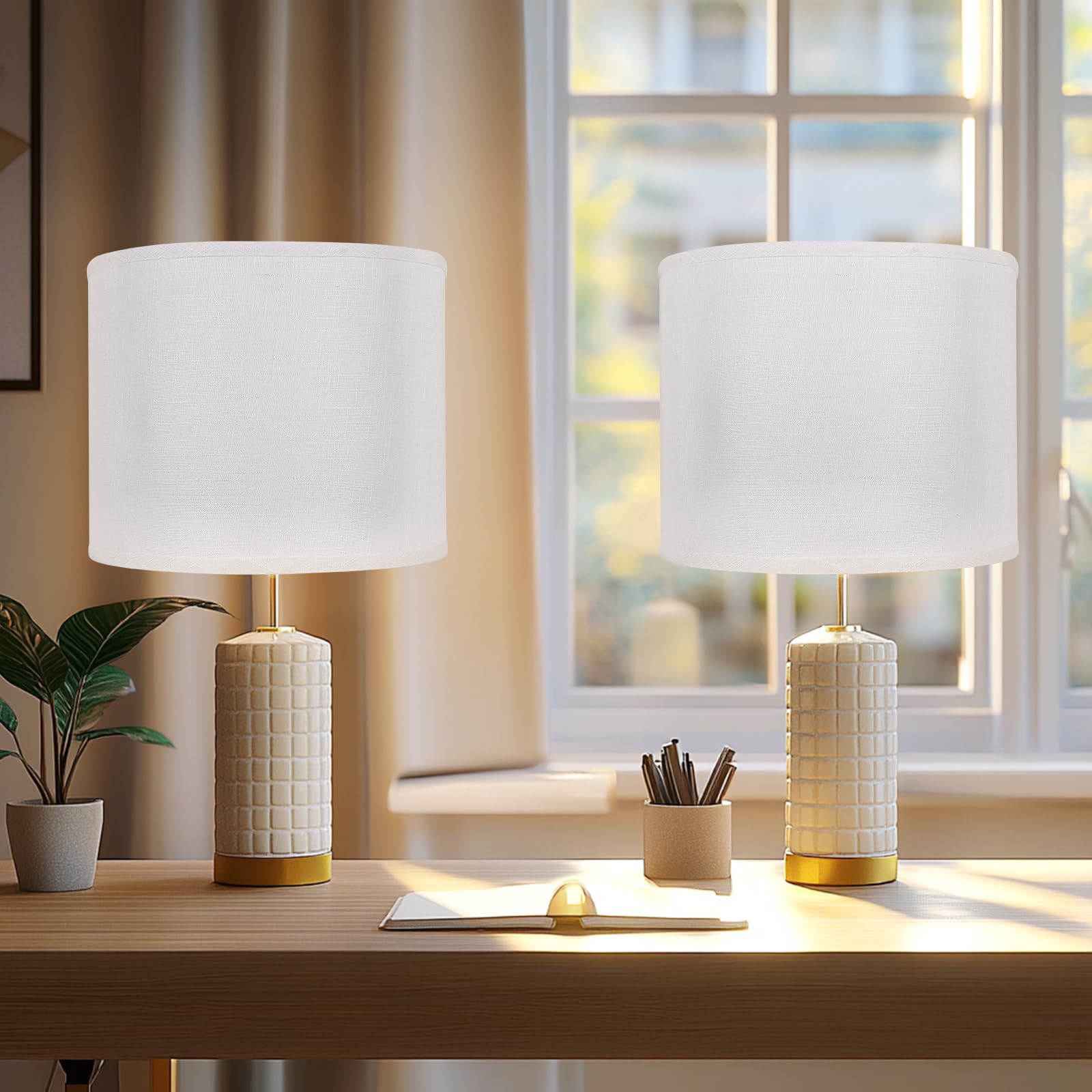 Drum Lamp Shades Set Of 2, White Large Lampshades 15'' Top X 15'' Bottom X 12'' Height, Alucset Large Lampshades Spider Fitter,