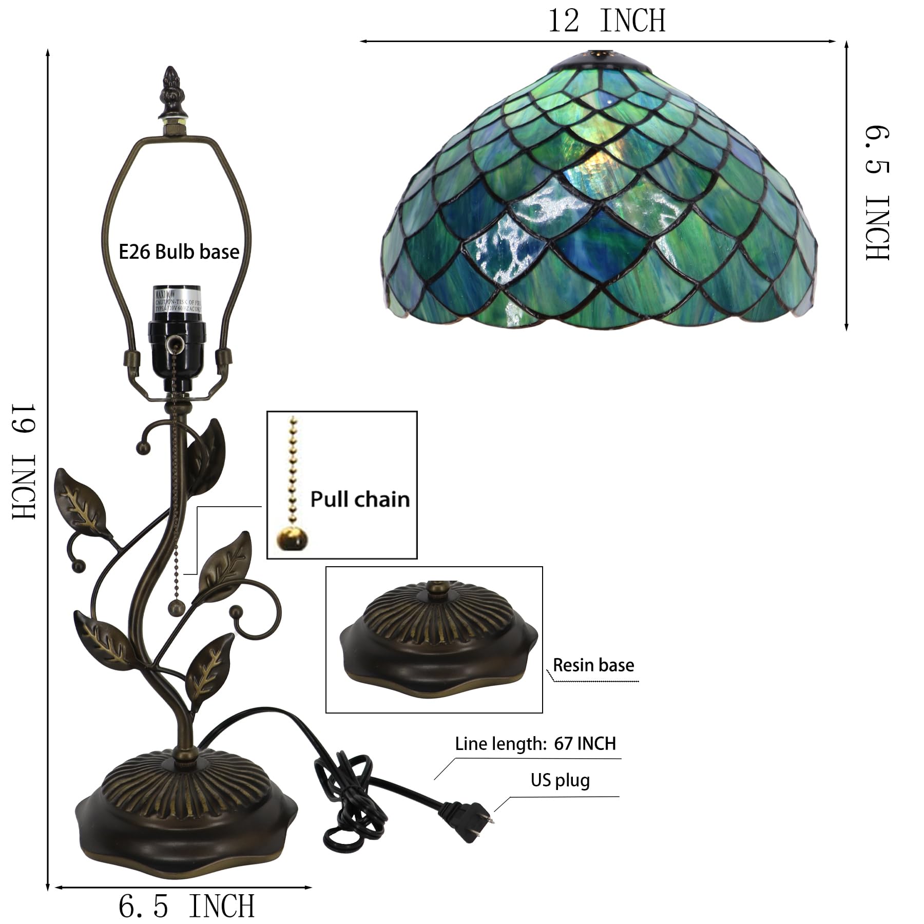 Lxhcyou Tiffany Table Lamp, Stained Glass Desk Light, W12H19 Inch, Metal Leaf Base (Fishscale Style)