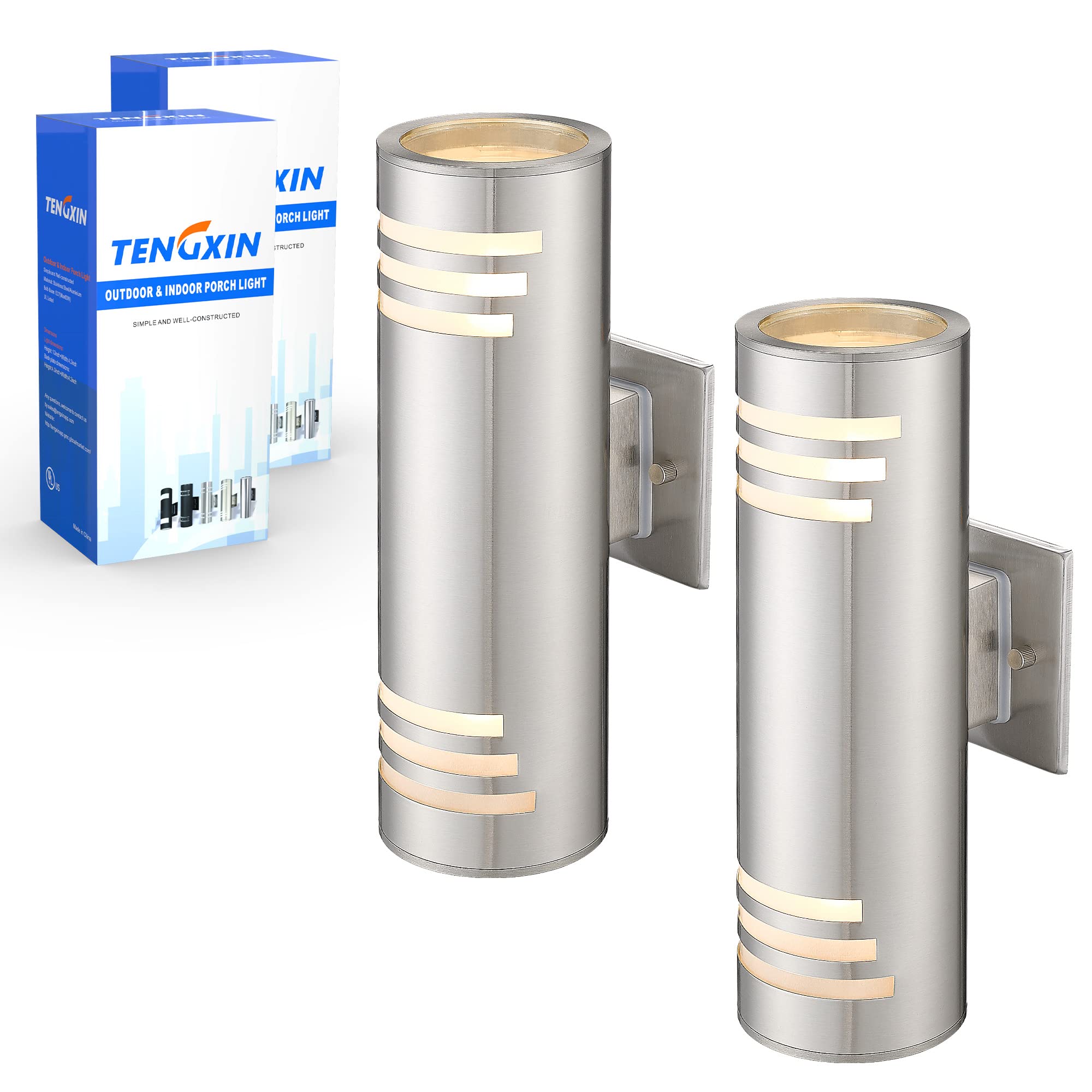 TENGXIN 2 Pack Up Down Patio Wall Light, Brushed Nickel Stainless Steel Sconces, Model TXWLSS0005-2