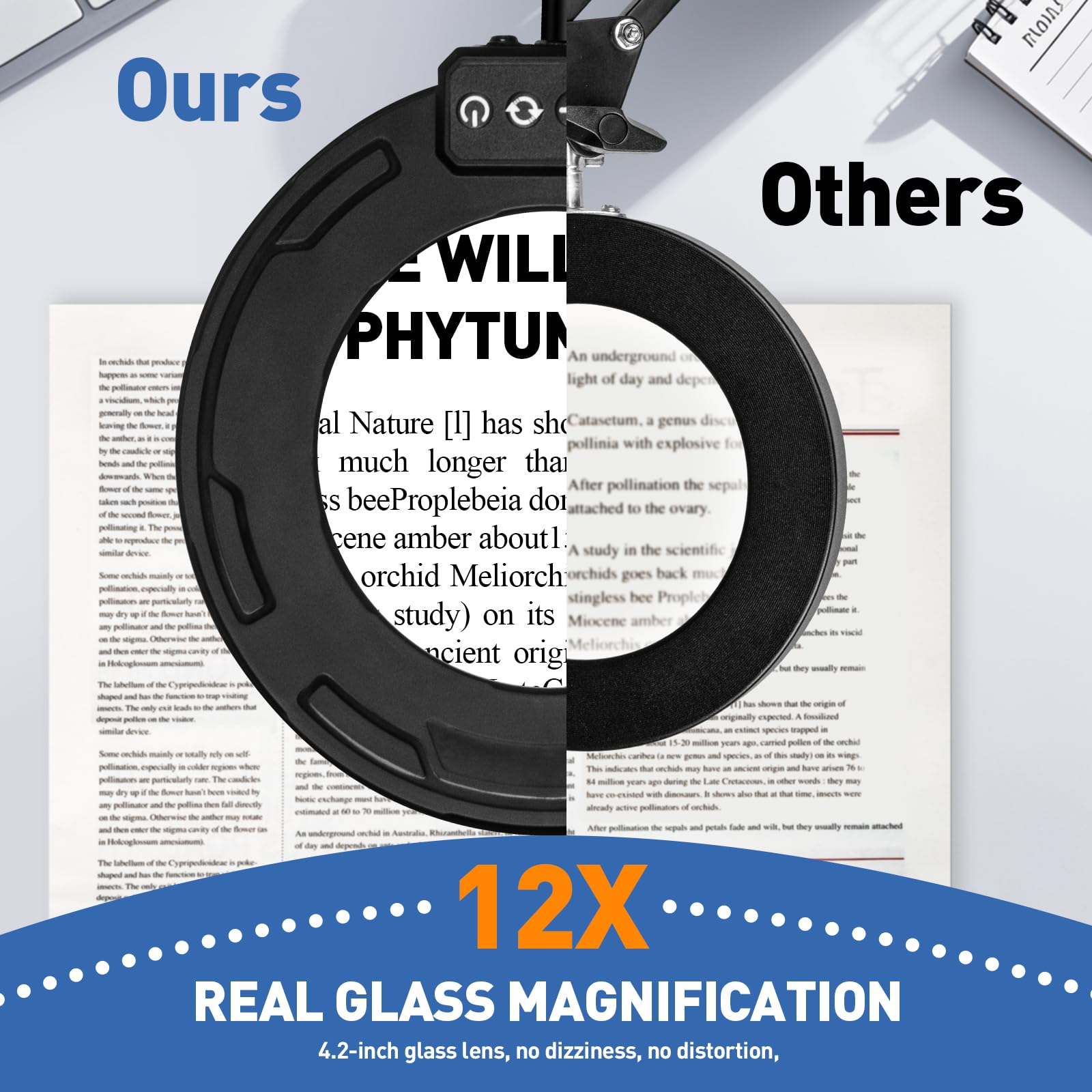 HITTI 12X Magnifying Glass with Light, Black, 10X Glass, Model AJ-3JB, Stepless Dimming, Clamp & Swivel Arm for Craft & Reading