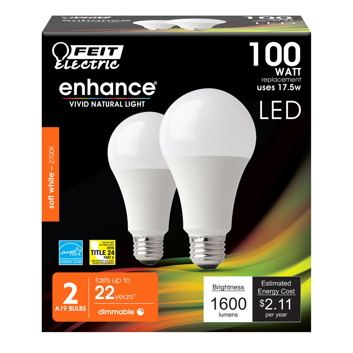 Feit Electric A19 Led Light Bulb, 100W Equivalent, Dimmable, E26 Base, Cri 90, 1600 Lumens, 2700K Soft White, General Purpose Li