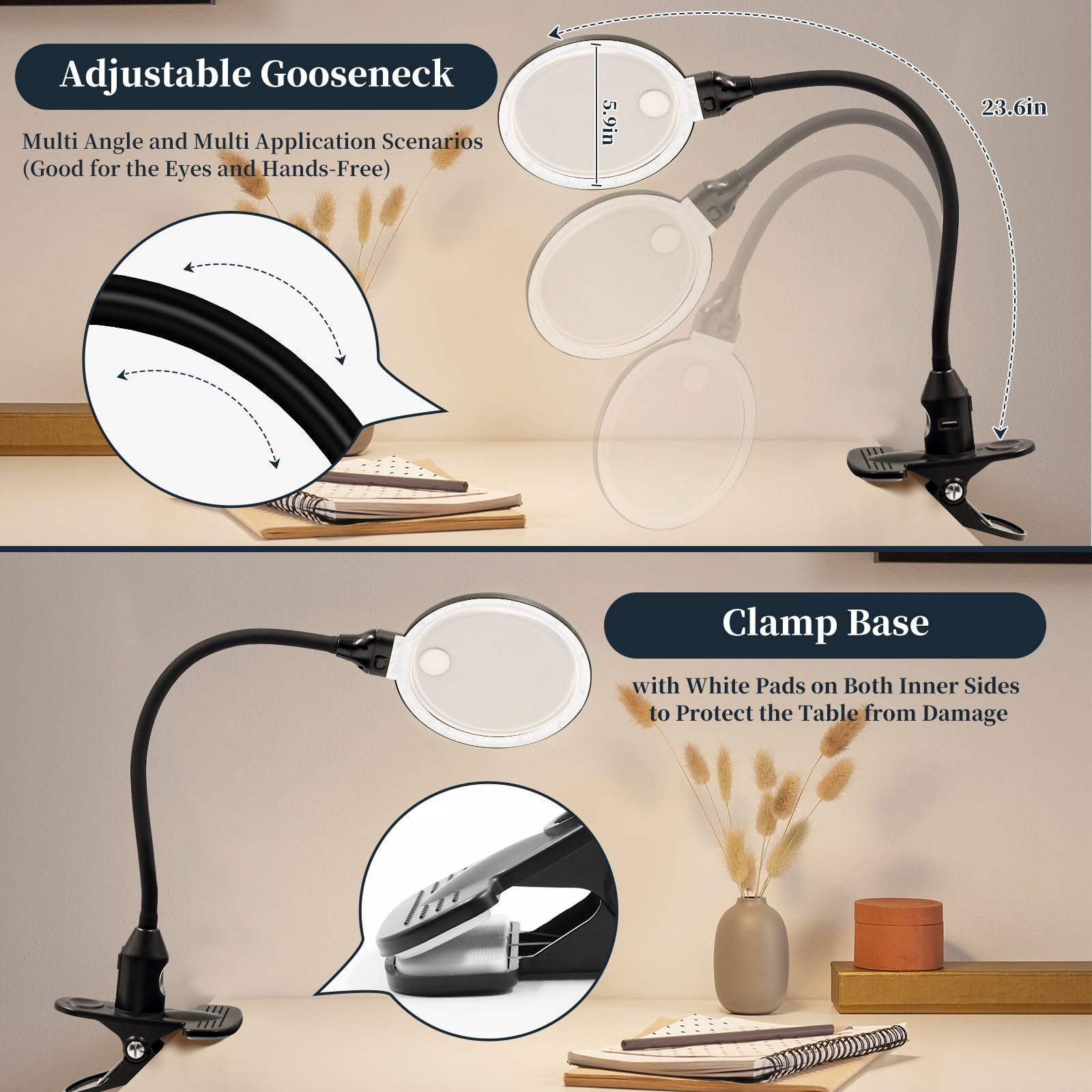 Hulboer 30X Magnifying Glass With Light And Clamp, 5.9 Inch Large Magnifier Lamp, 3 Color Modes Dimmable, Hands-Free Flexible Go