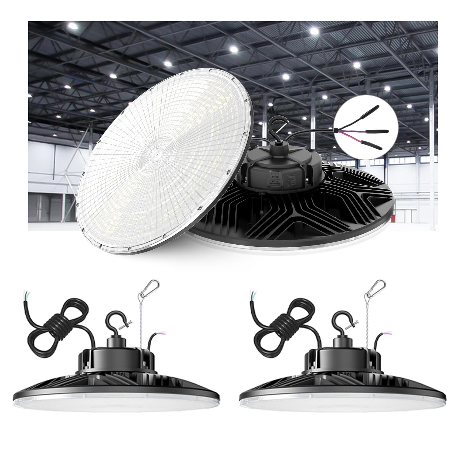 300W UFO-LED-High-Bay-Light  UL & DLC Listed 5000K Daylight 43500LM  0-10V Dimmable LED High Bay Lights AC100-277V  IP65 Waterproof Commercial Bay Lighting Fixture for Warehouse Workshop(3 Pack)