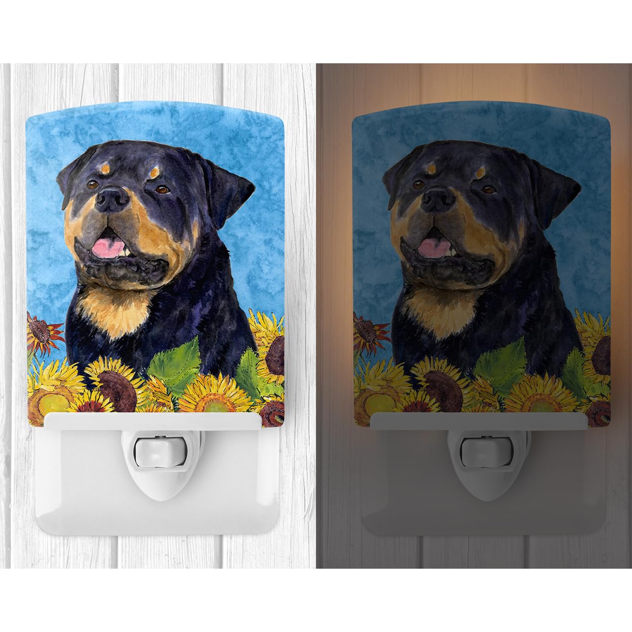 Caroline'S Treasures Ss4158Cnl Rottweiler In Summer Flowers Ceramic Night Light Compact, Ul-Certified, Ideal For Bedroom, Bathroom, Nursery, Hallway, Kitchen, 6X4X3, Multicolor