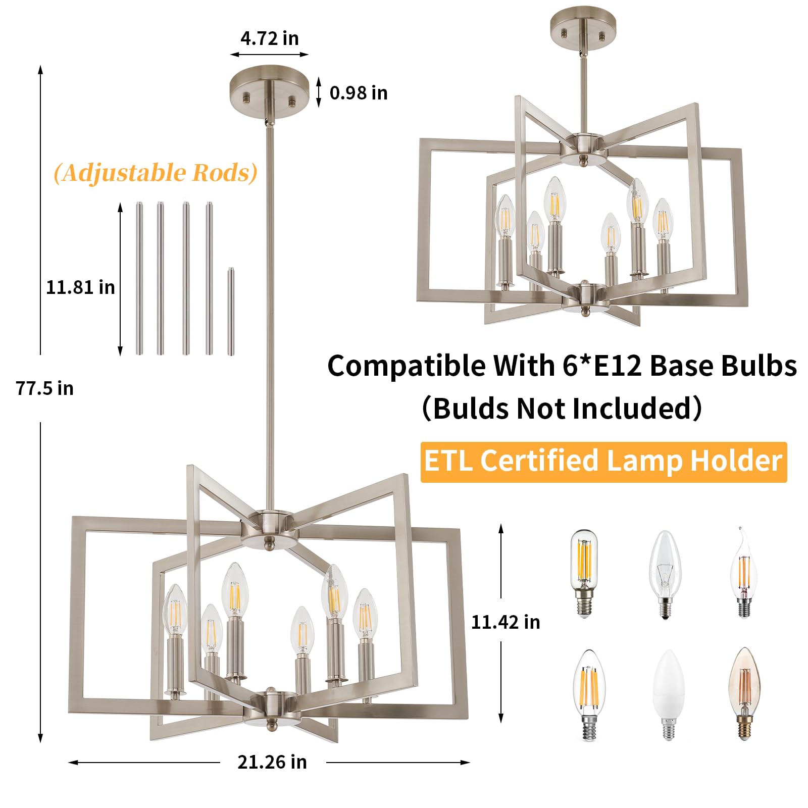 Miaybph Dining Room Light Fixture, 6-Light Brushed Nickel Chandelier Modern Metal Industrial Chandelier Lighting For Farmhouse L