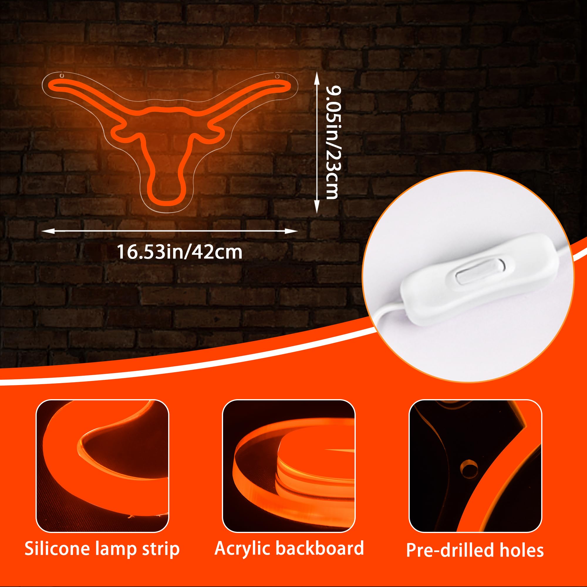 Longhorns Neon Sign For Wall Decor University Led Neon Light Sign Football Signs Longhorn Decor For Man Cave Graduation Gifts Dorm Decorr For College Students Men Teens Size 14.6 * 8.3 In(Fmxd096-01)