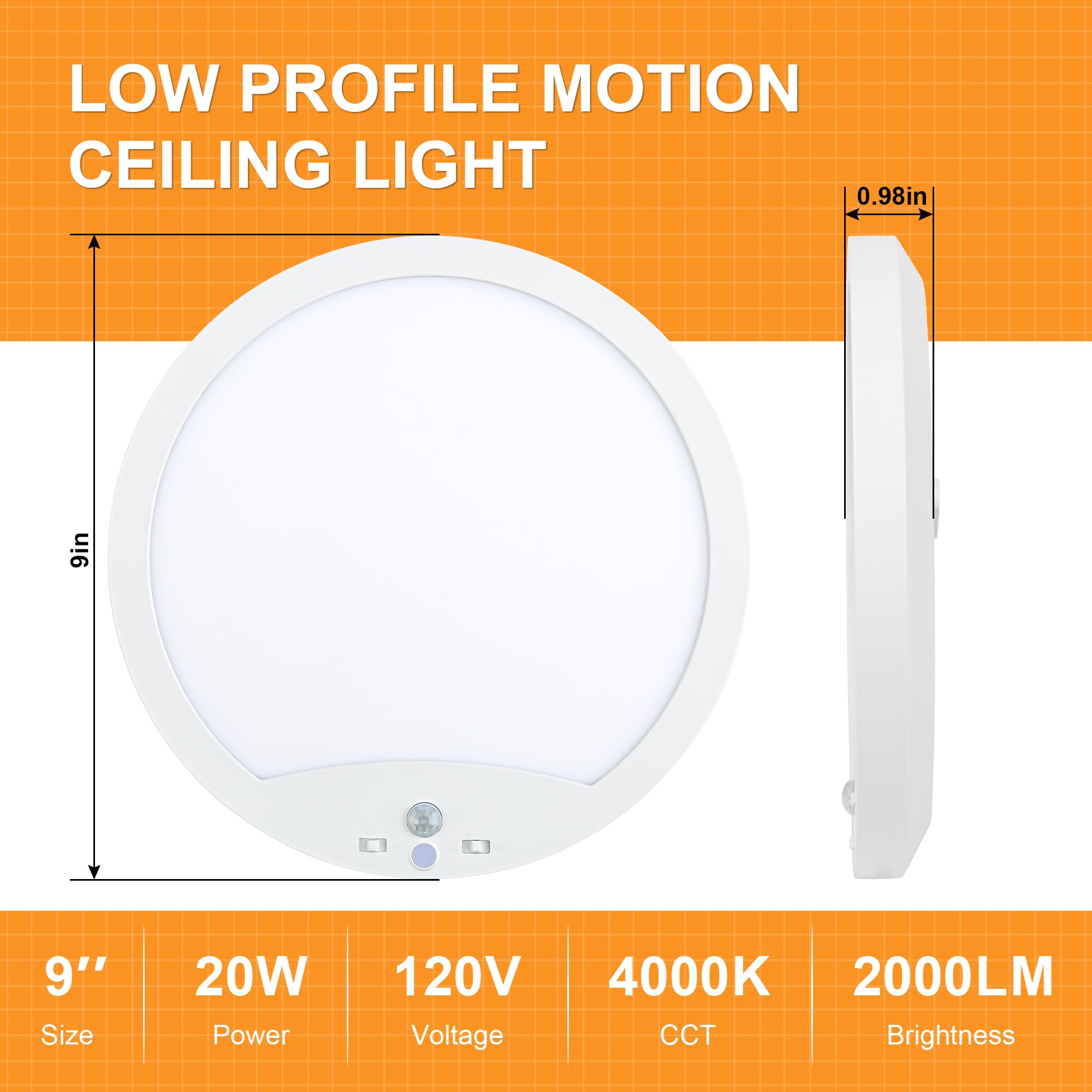 2-Pack 20W Motion Sensor Ceiling Lights Hard-Wired, 9Inch Indoor Motion Activated Led Ceiling Light Fixtures With 3 Modes, 4000K
