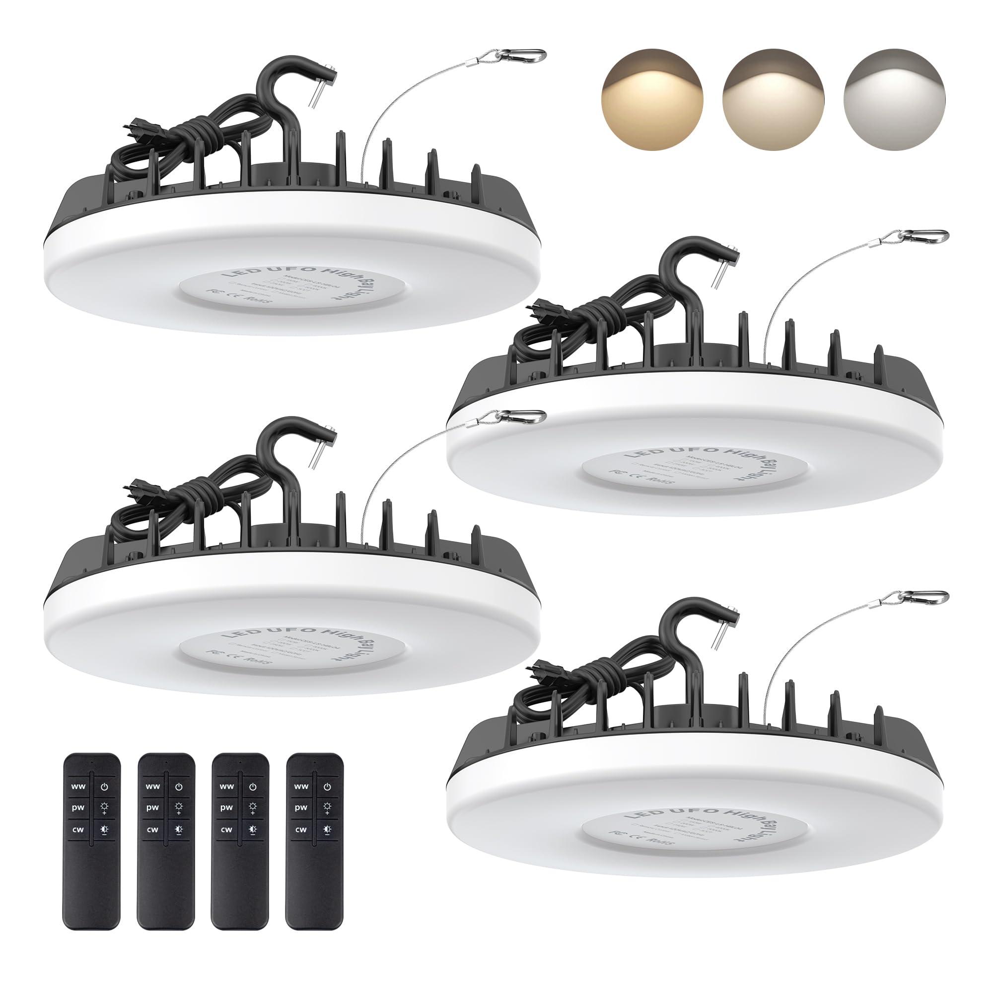 DEMILARE LED Shop Lights High Bay 150W 18000LM IP65 Waterproof 3 CCT Adjustable Dimmable 4 Pack Black Model 1504s
