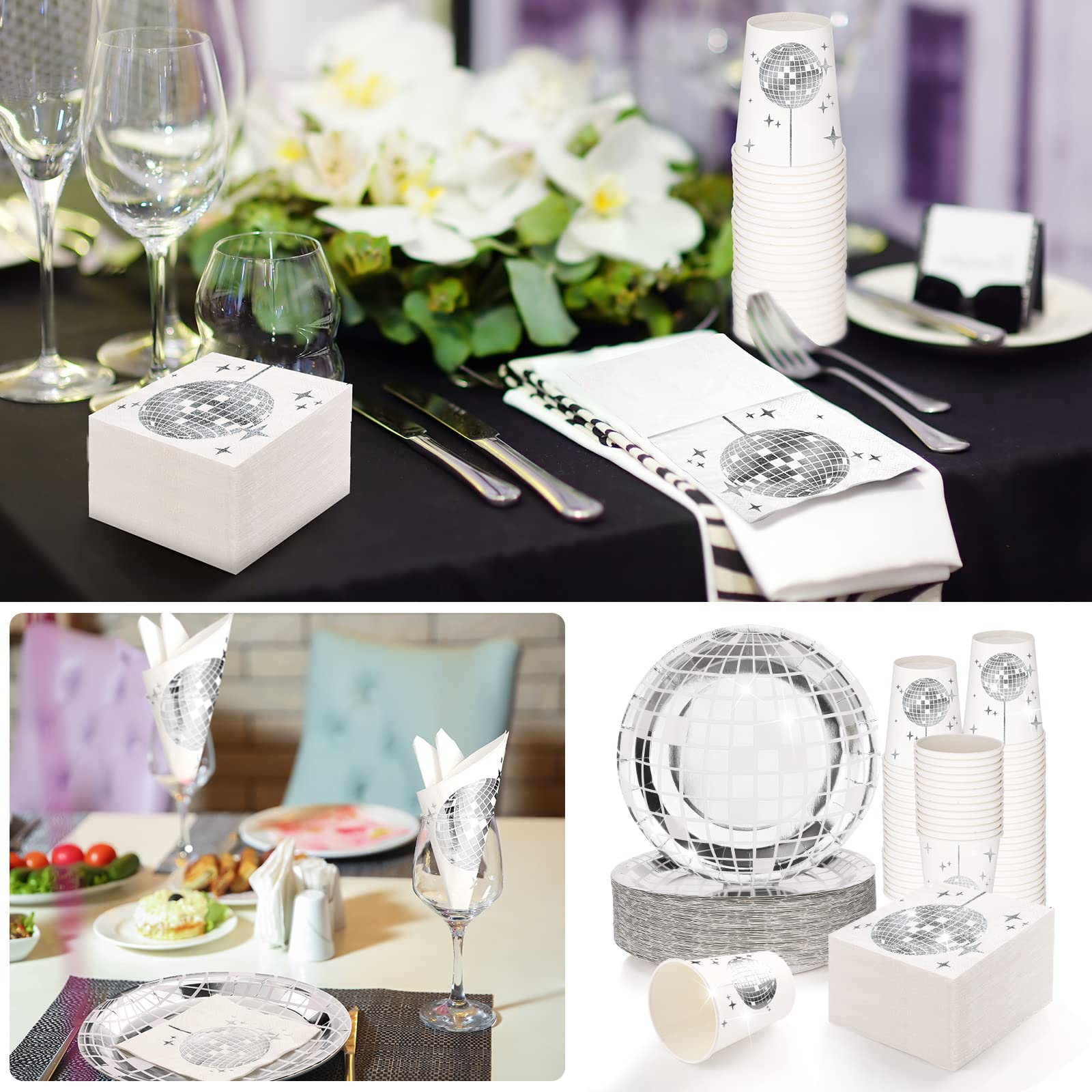 Gerrii Disco Party Supplies Set - 50 Paper Dinner Plates, 50 Silver Cups, 50 Cocktail Napkins - White and Silver - Model: Gerrii-Disco Party-70