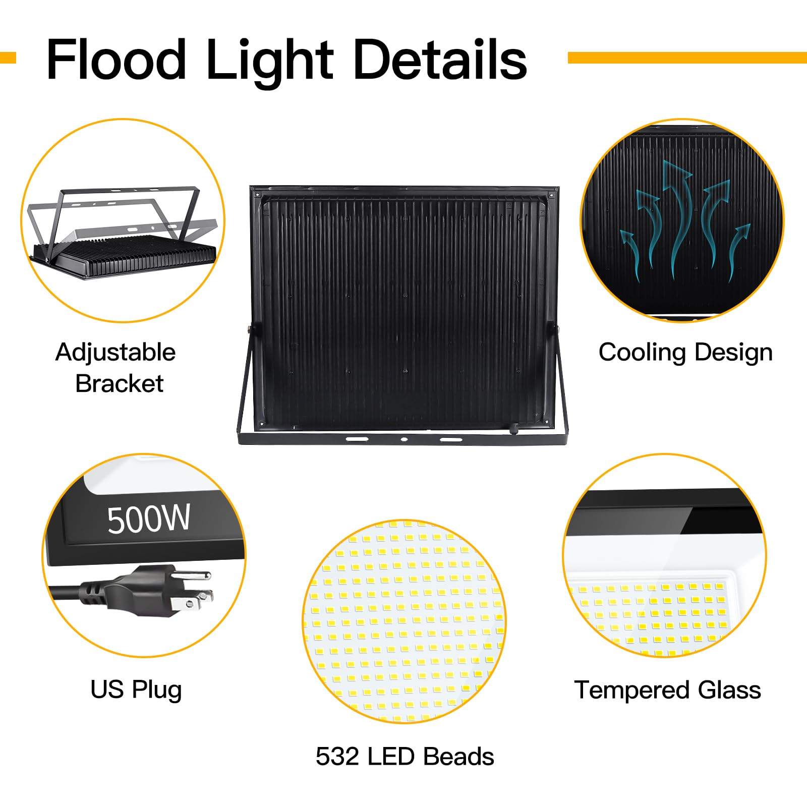 SHGPODA 500W LED Flood Light, 60000LM, IP66 Waterproof, 10ft Cord, Black, 5000K for Outdoor Sports, Garden, Stadium