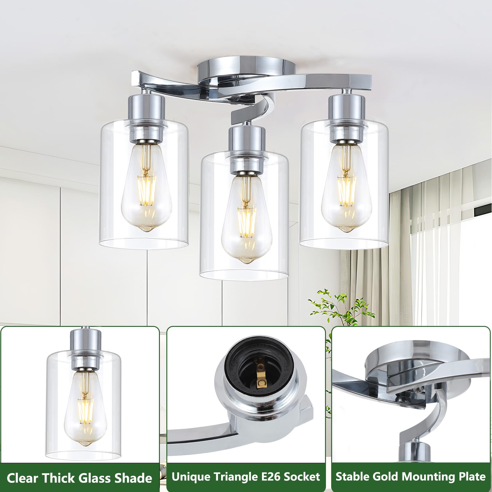 3Wwwuee 3-Light Semi Flush Mount Ceiling Light, Modern Close To Ceiling Light Fixtures With Clear Glass Shades, Chrome Light Fix