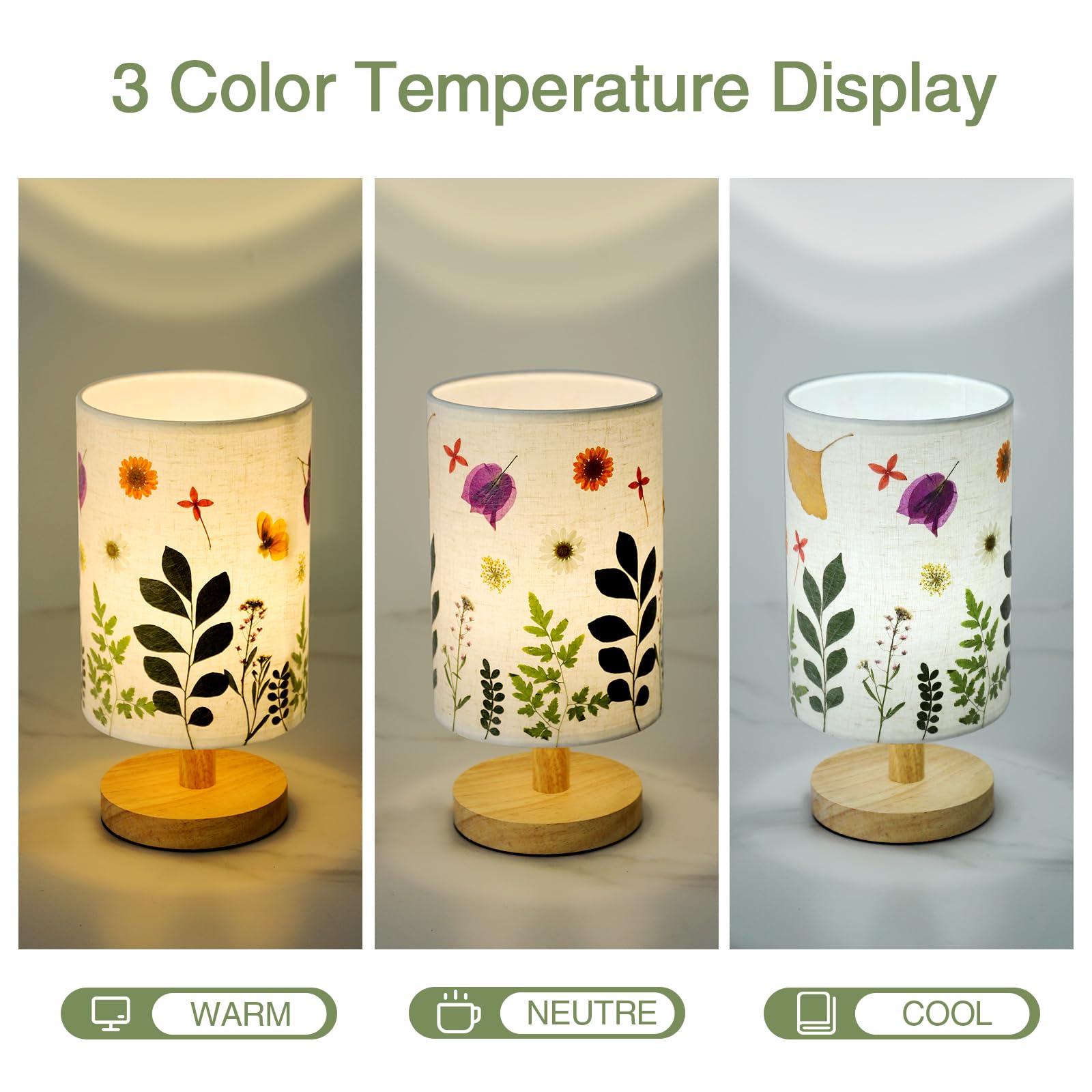 Floresita Pressed Flowers Table Lamp - 5W LED, 3 Color Temperatures, Linen Shade, Wood Base, Round-Leaves Design for Bedroom & Office