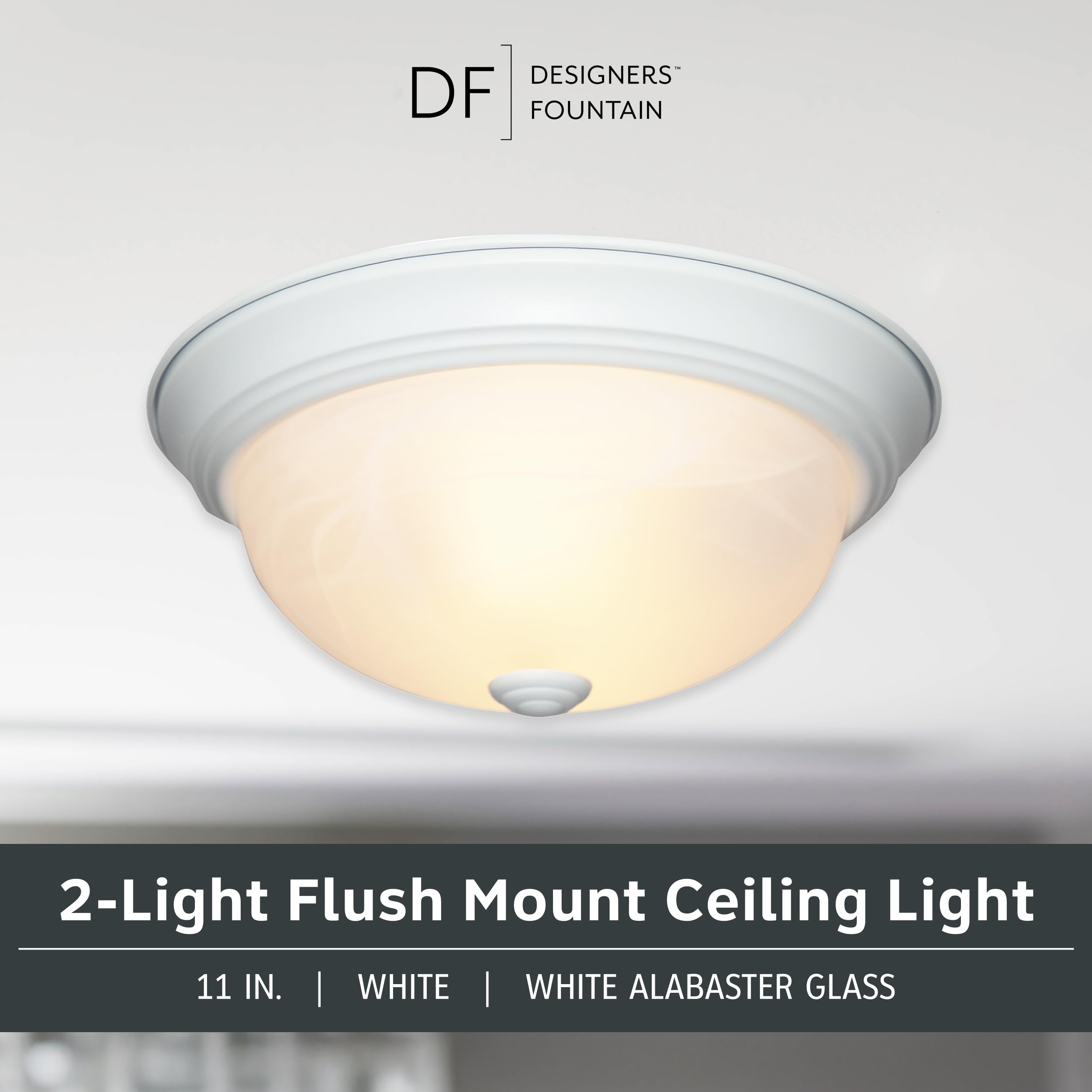 Designers Fountain 2-Light Flush Mount Ceiling Light, 11 in, Glass, White, Model 1257S-WH-AL