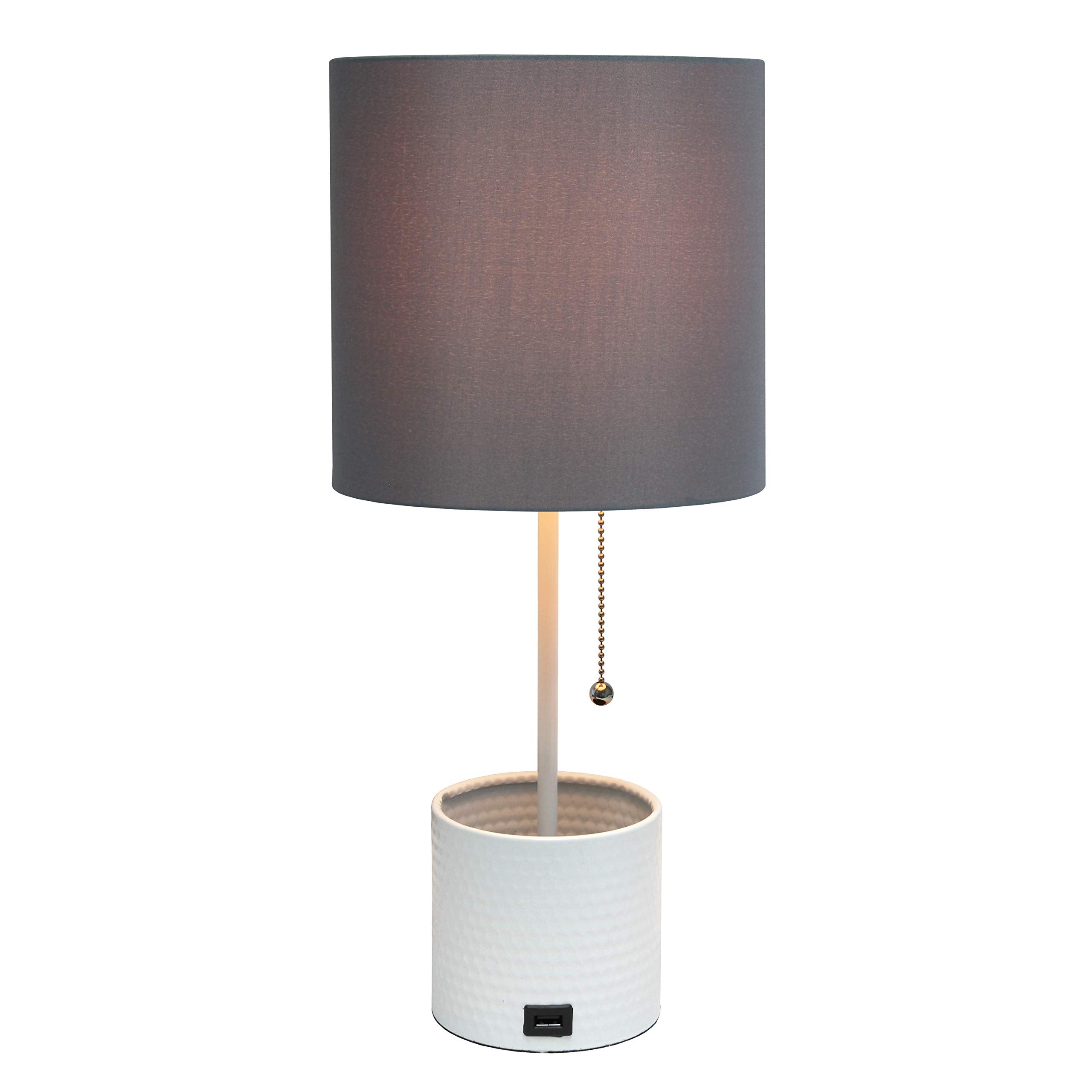 Simple Designs Lt1085-Gow White Hammered Metal Organizer Table Lamp With Usb Charging Port And Fabric Shade, Gray