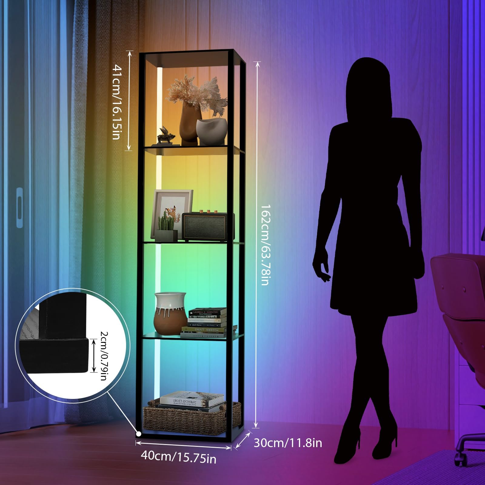 Caupel 5 Tiers Corner Shelf With Led Light, 63.78'' Tall Display Shelf For Collectibles, Led Corner Floor Lamp With App And Remo