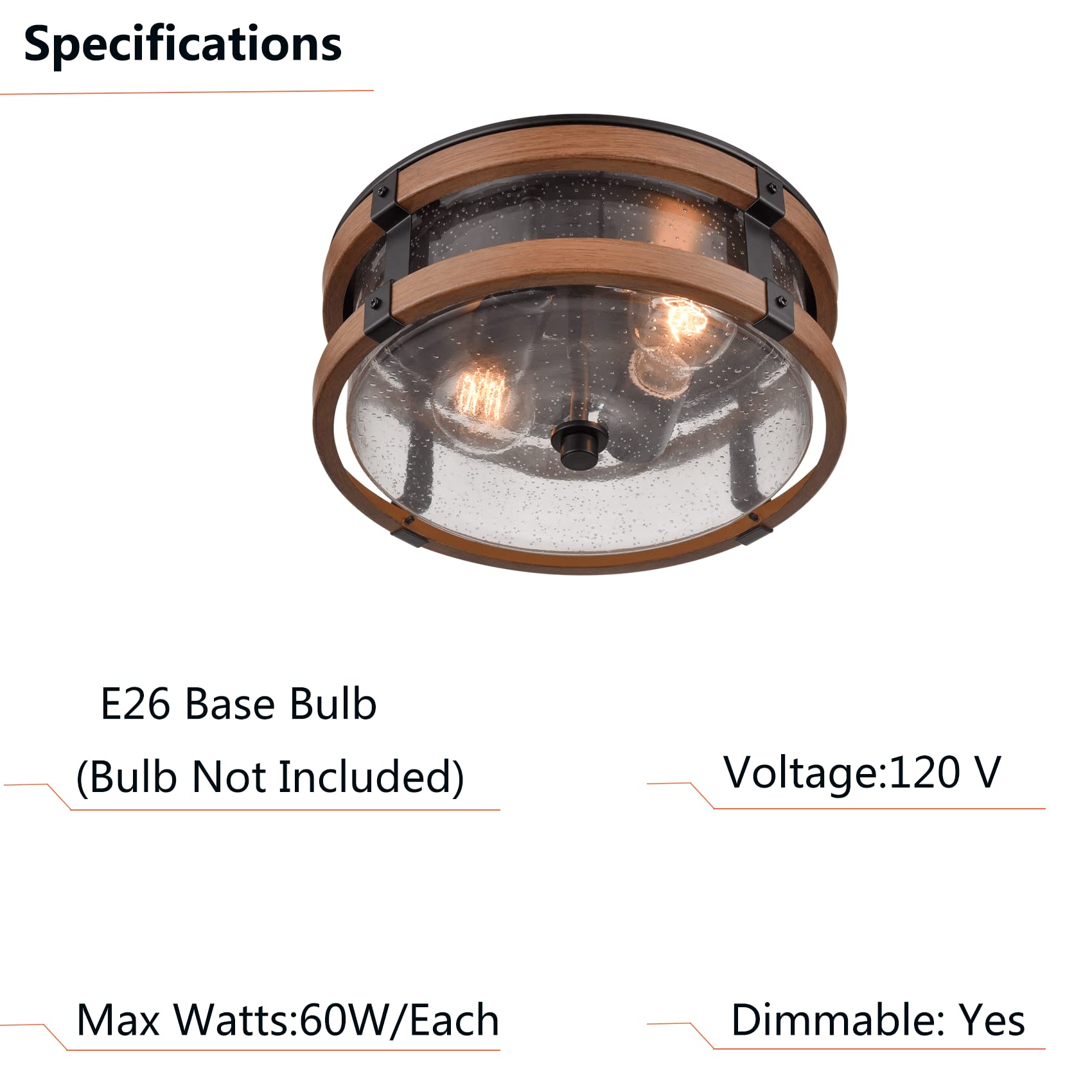 Deynite Farmhouse Ceiling Light Fixture 2-Light Hallway Ceiling Light In Black & Rustic Wood Grain Finish With Clear Seeded Glas