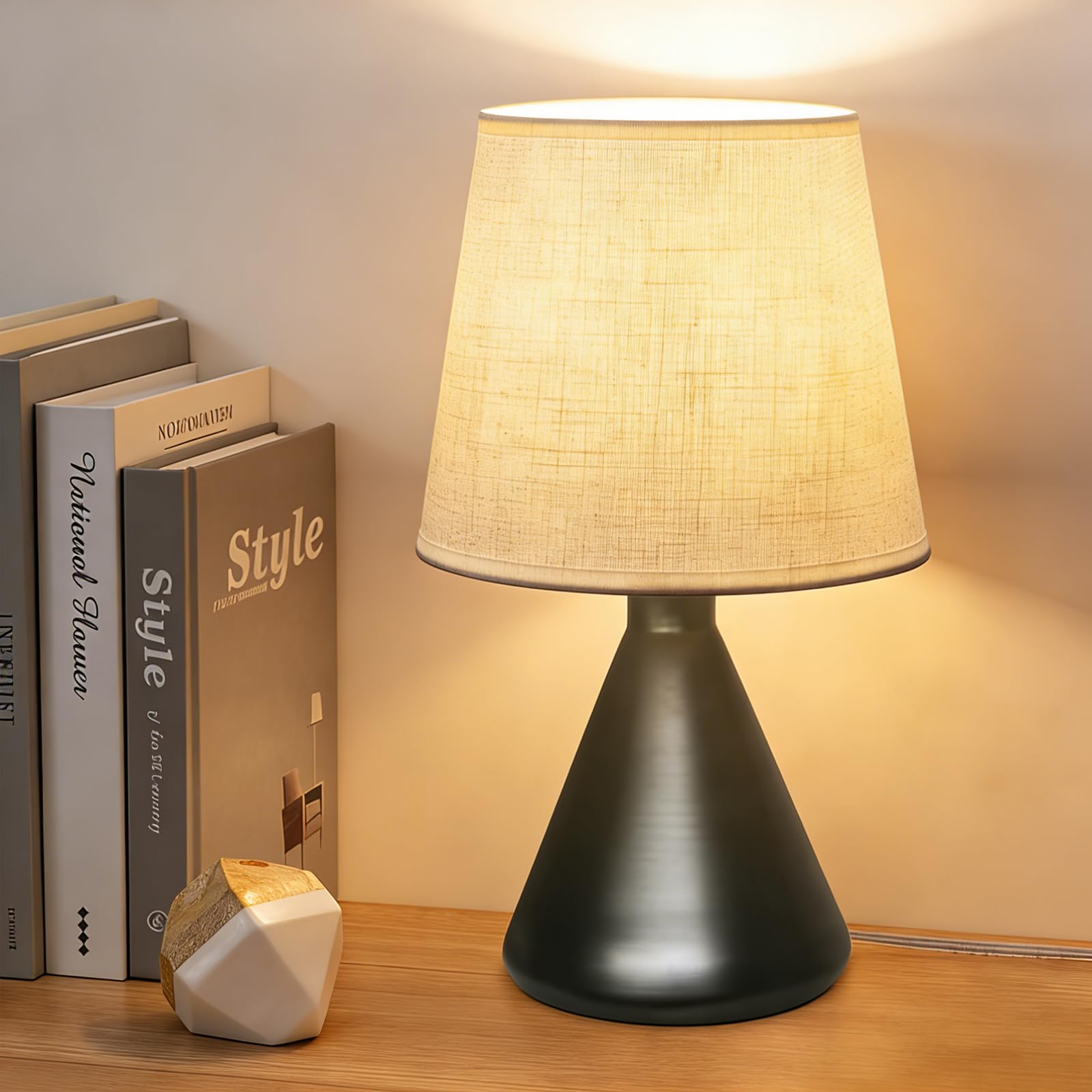 Hyphenx USB Powered Farmhouse Bedside Lamp 10 dimming Steps 3 Color Modes for Bedroom  Nightstand Table Lamp with Fabric Shade  Desk Lamp for Kids Reading and Home Office (Black)