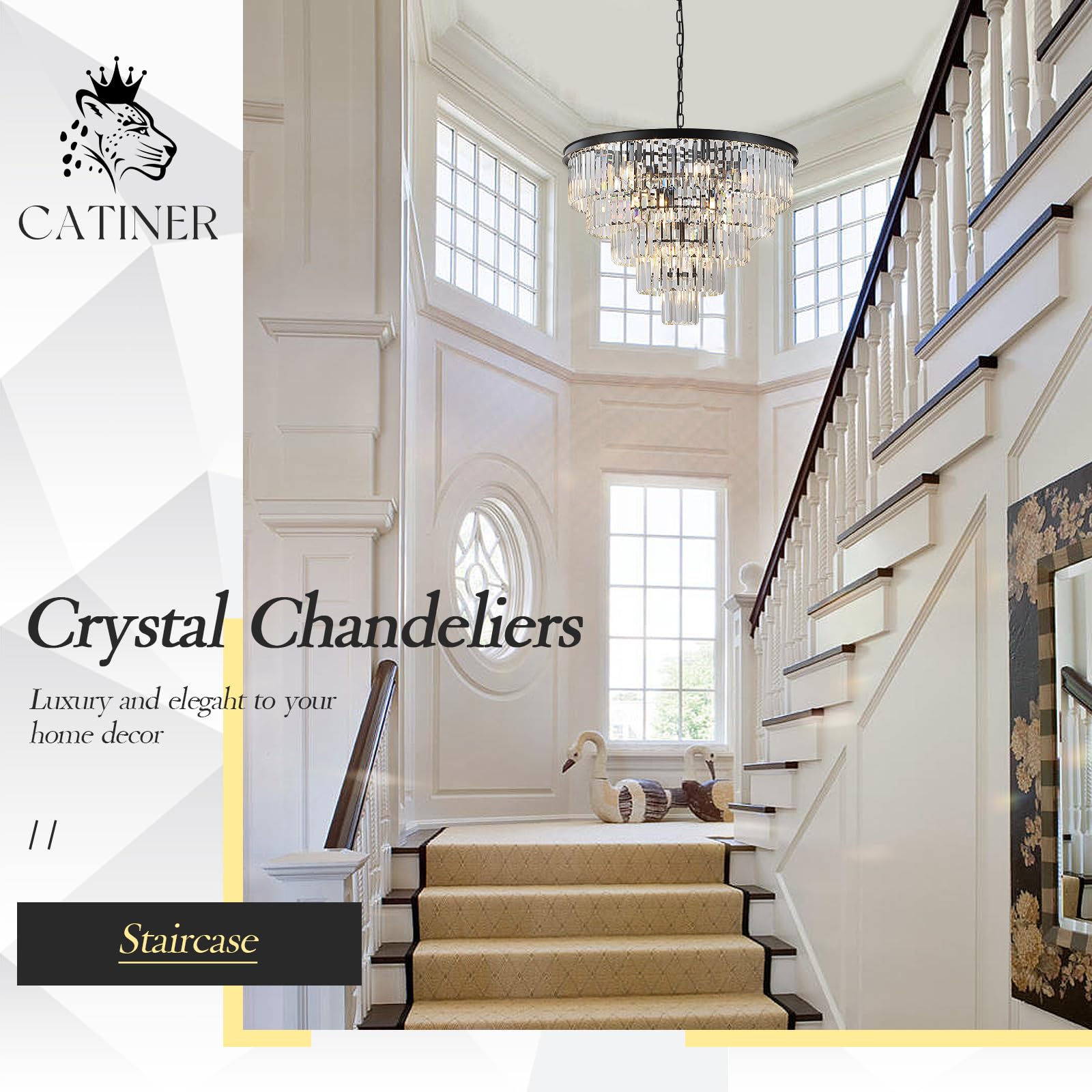 CATINER Large Black Crystal Chandelier, 30” Modern 5-Tier Pendant Light, 16 Lights for High Ceiling Foyer, Dining Room, Staircase