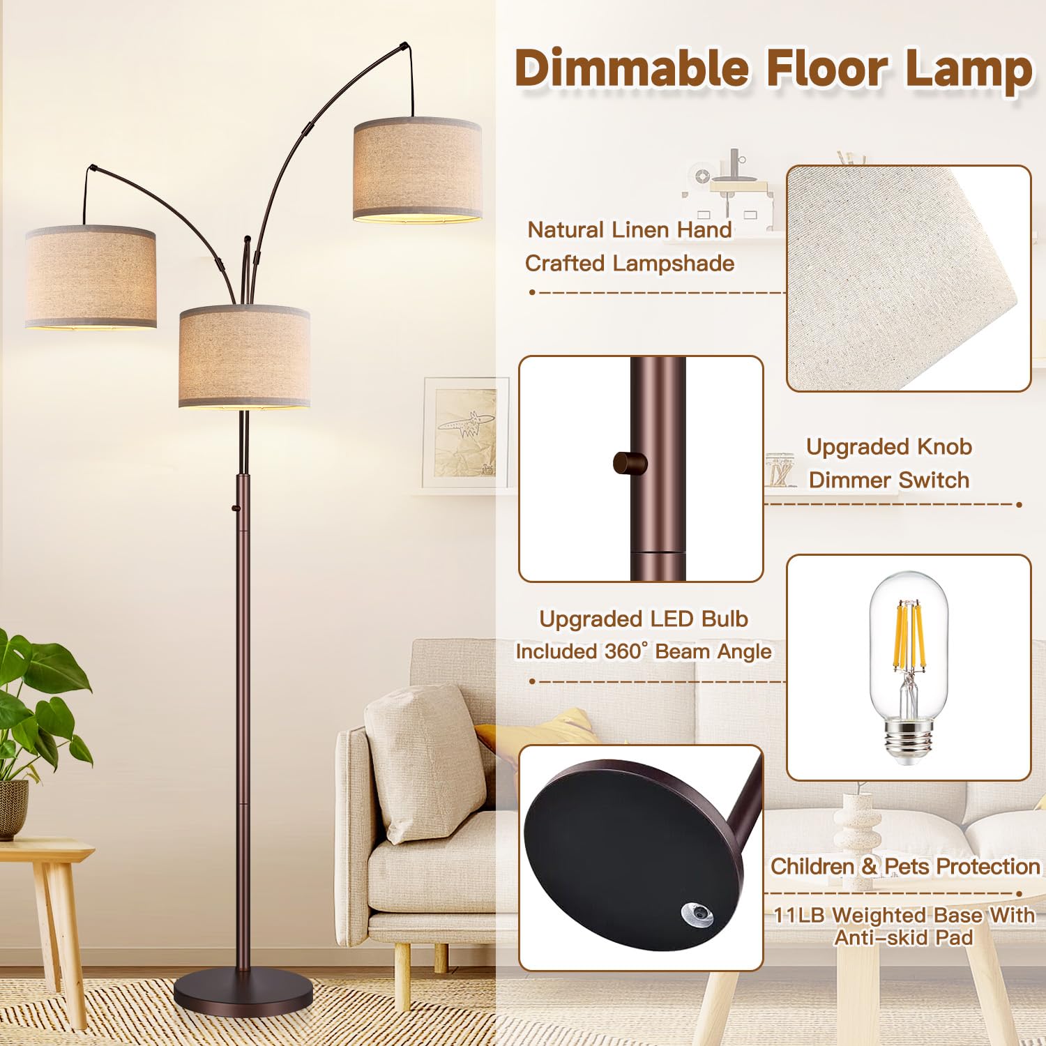 Dimmable Floor Lamp, 3 Lights Brown Arc Floor Lamps For Living Room, Modern Tall Standing Tree Lamp With Beige Linen Shade & Hea