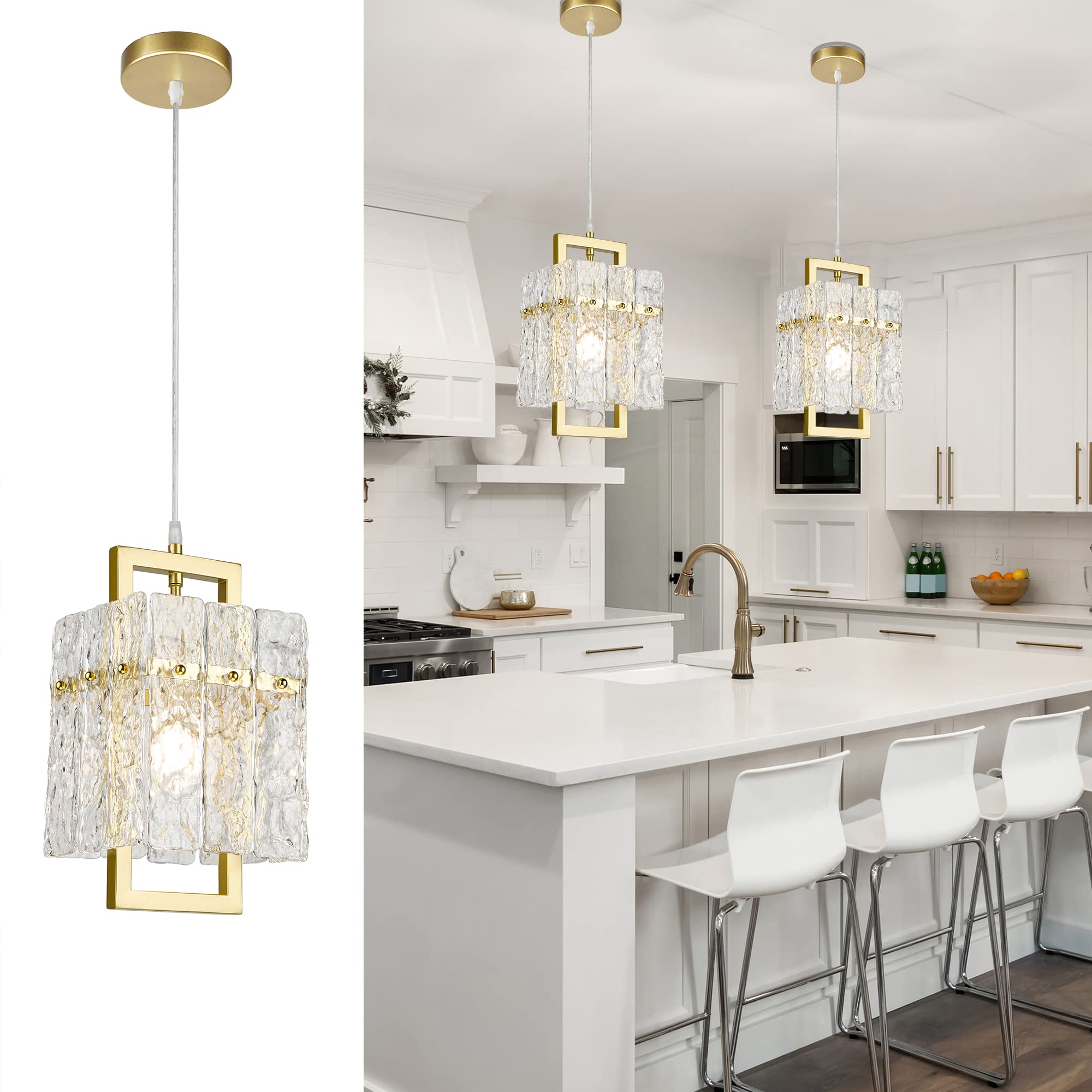 Gold Crystal Pendant Light for Kitchen Island, Luxury Water Ripple Glass Chandelier Lights Fixture, Modern Elegant Adjustable Pe
