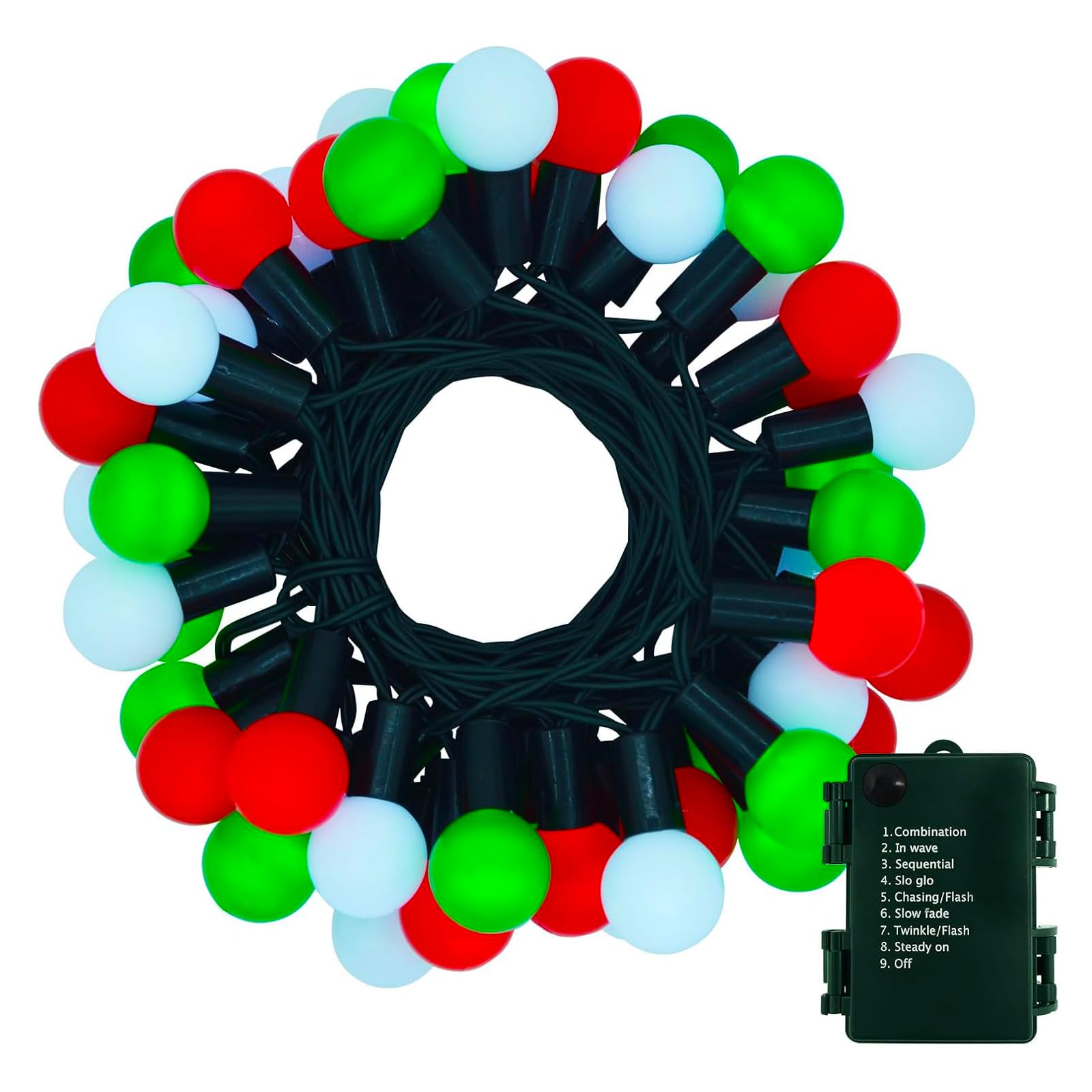 BSGlobal Christmas String Lights Battery Powered 16.4Ft 50LED Red White Green Globe String Lights with Timer 8 Modes Waterproof 