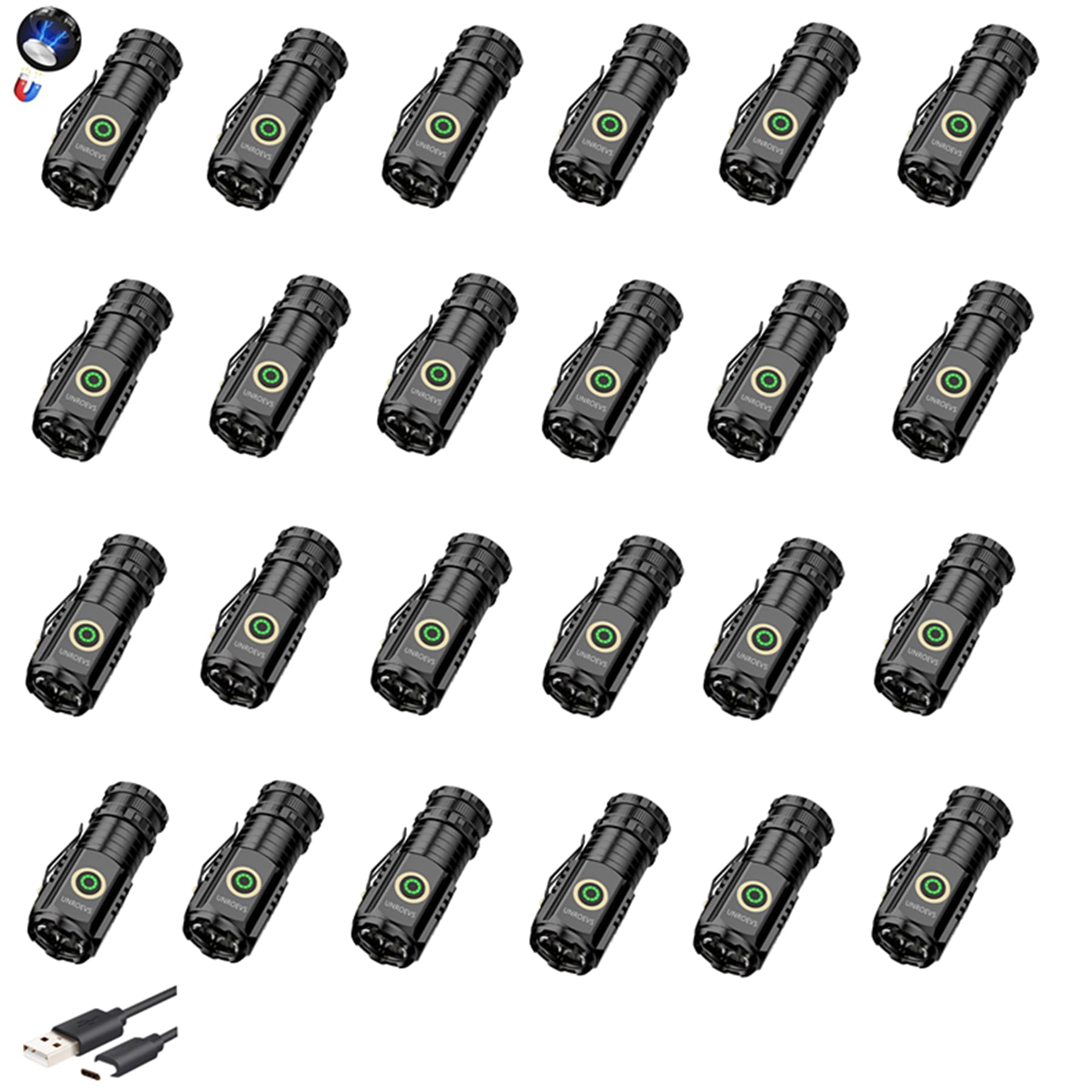 UNROEVS Mini Flashlight 2550 Lumens Rechargeable USB C, 5 Modes, Pocket Clip, Magnetic, Aluminum, Black, Model XC01, 24 Pack