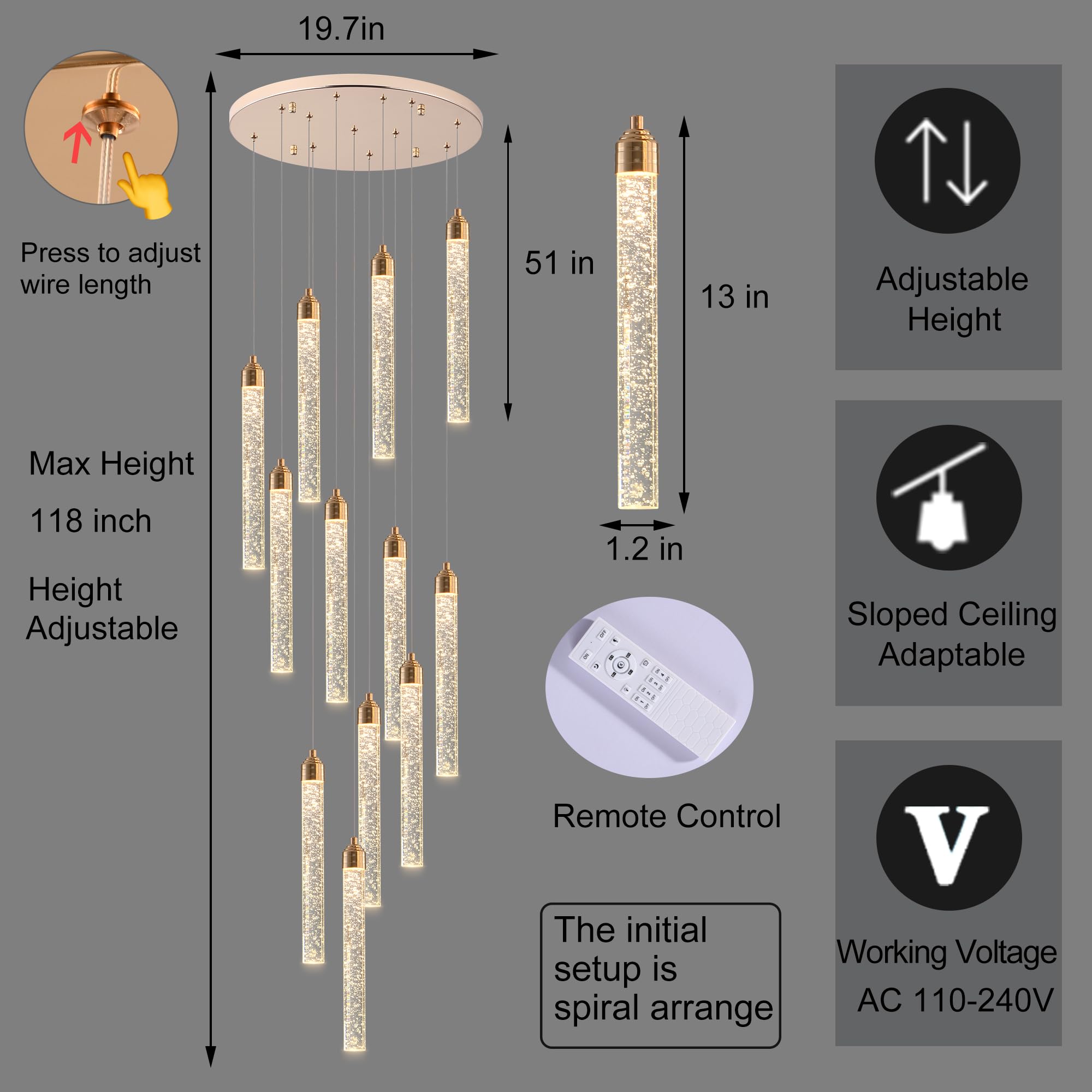 YwueChwu 12-Lights High Ceiling Crystal Staircase Chandelier Gold, Modern Spiral Raindrop Dimmable LED Bubble Cluster Ceiling Ha