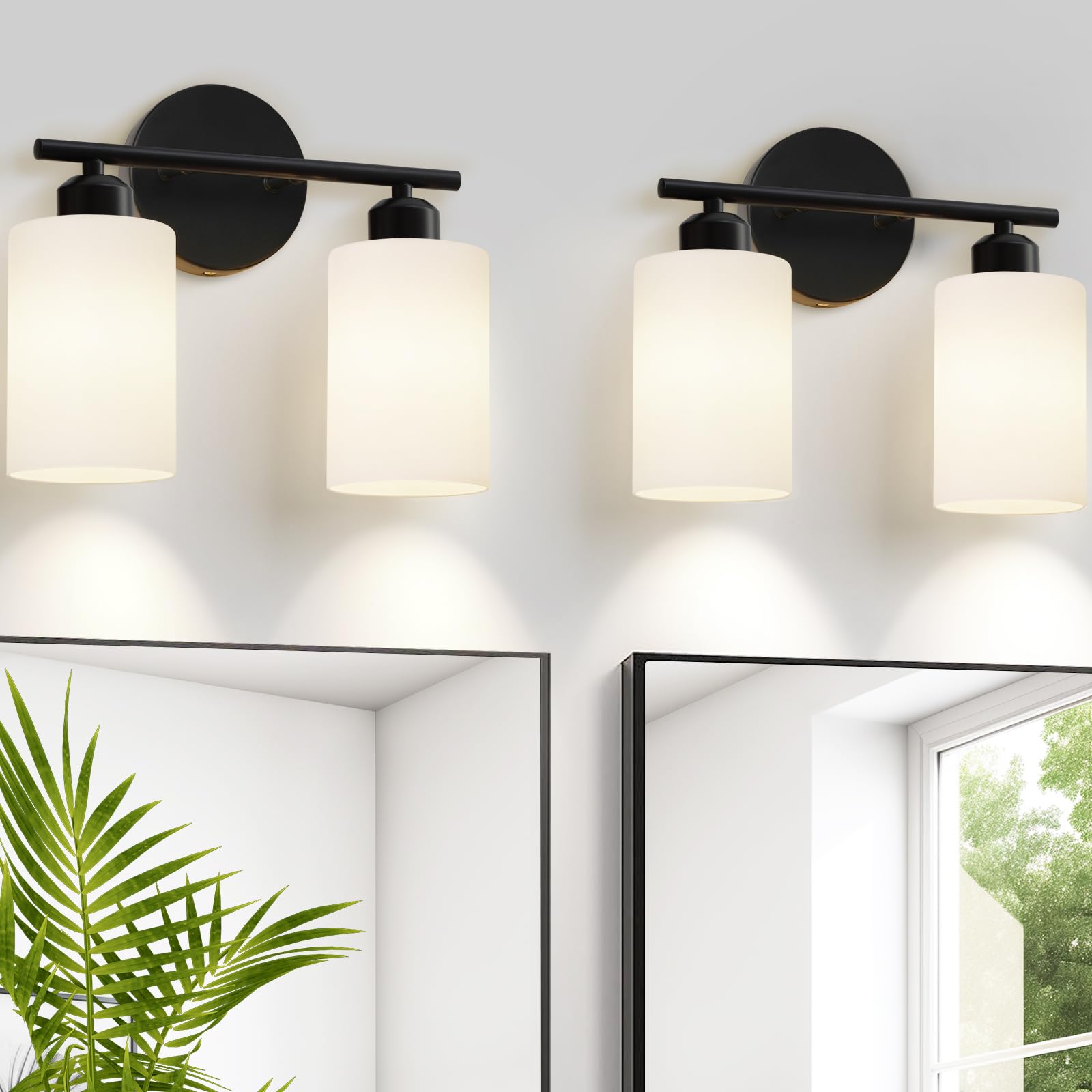 Seable 2-Light Bathroom Light Fixtures, Black Modern Vanity Lights With Milky White Frosted Glass Shades, Wall Sconce Light For