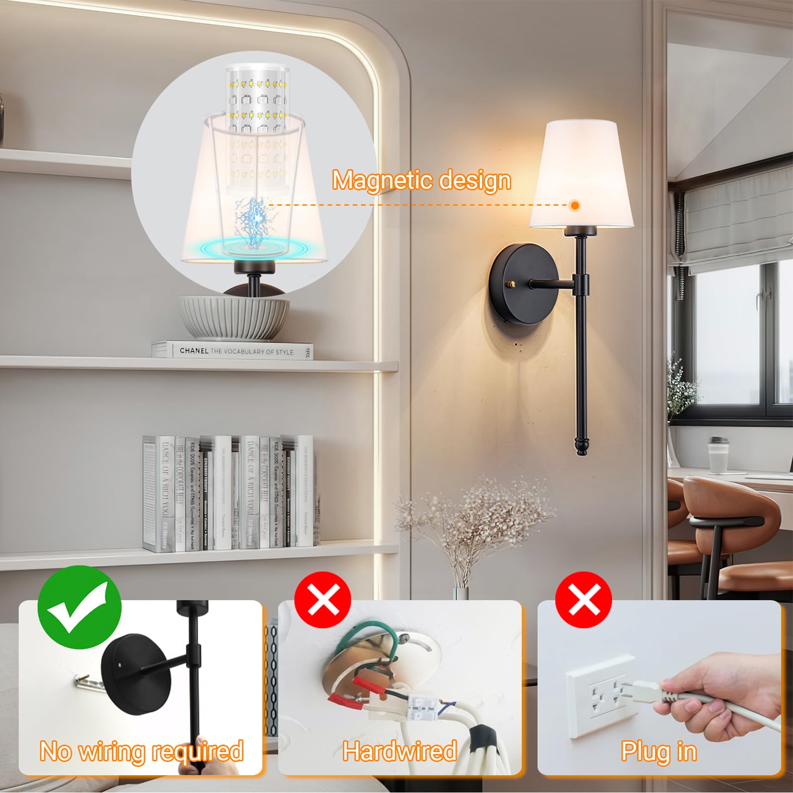Nekhung Battery Operated Wall Sconces Set of 2, Wireless RGB Rechargeable Light, 20inch Black Metal, Remote Control, One Size