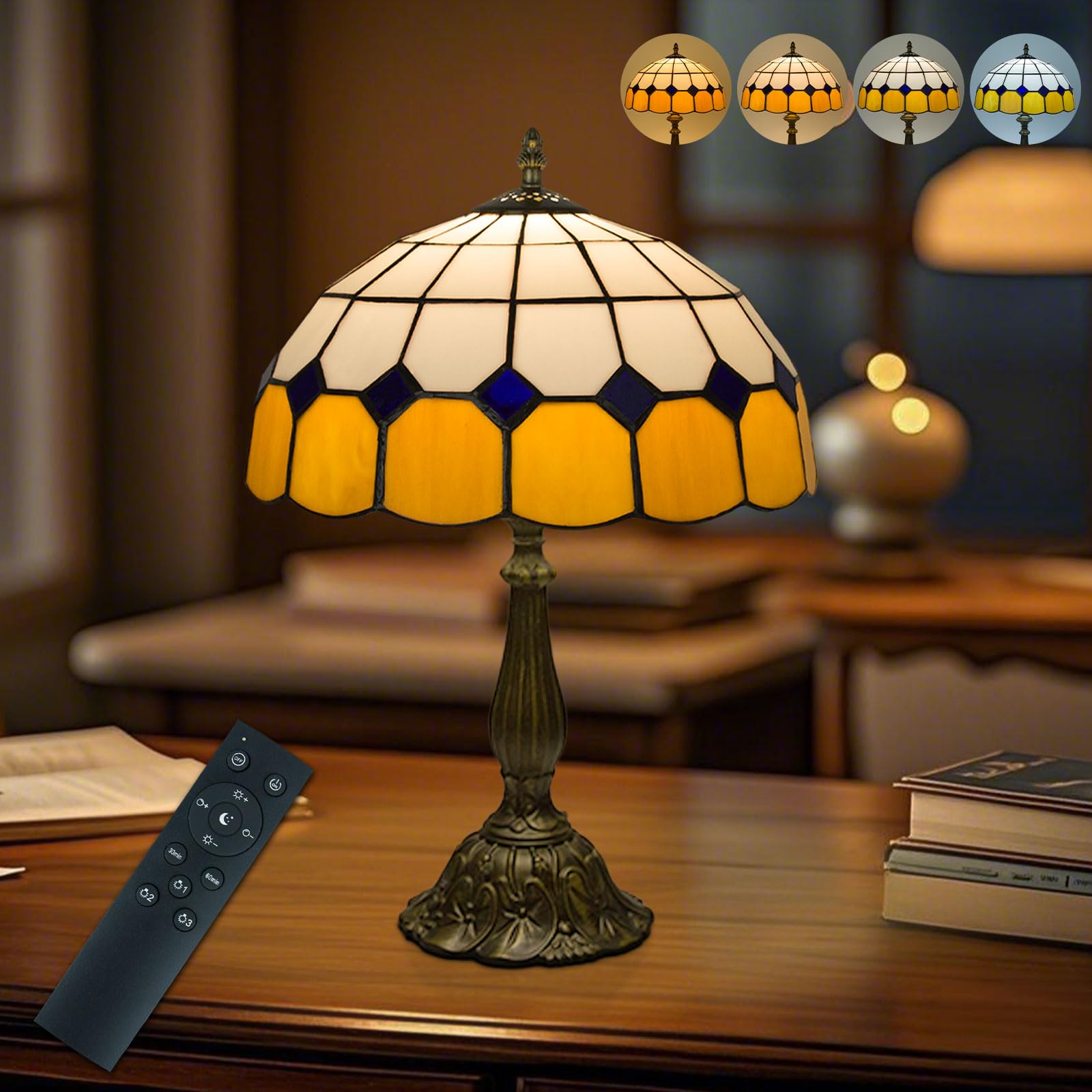Crefotu 12 Inch Tiffany Table Lamp with Remote Control, Stepless Dimmable, Glass, Beige Plaid, Model CFLPUS-004
