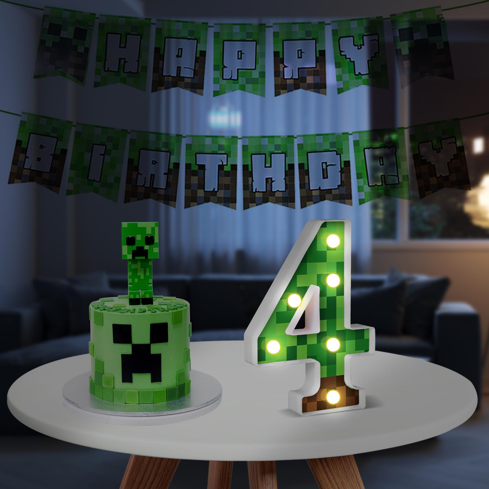AXBMM Pixel Game Light Up Sign, Number 4, LED, 8.5", Green/Brown, Birthday Decorations, Table Centerpiece, Model XY-371