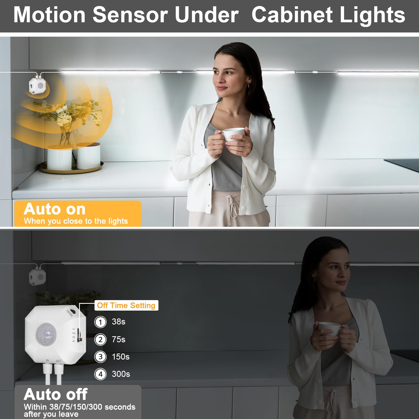 Daymeet Under Cabinet Lights, 12 Inch Motion Sensor LED, 3 Color Adjustable, Plug-In, 3 Pack