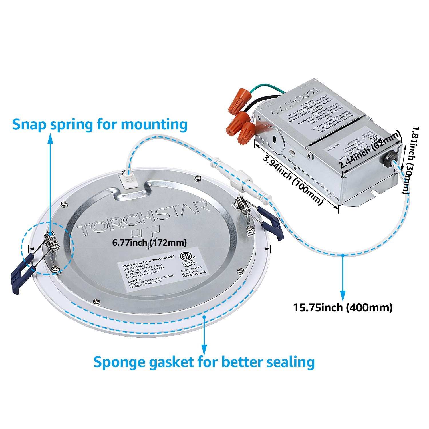 TORCHSTAR 6 Inch Ultra-Thin LED Recessed Lighting, 13.5W Dimmable, ETL & Energy Star, Soft White 2700K, Model 45683