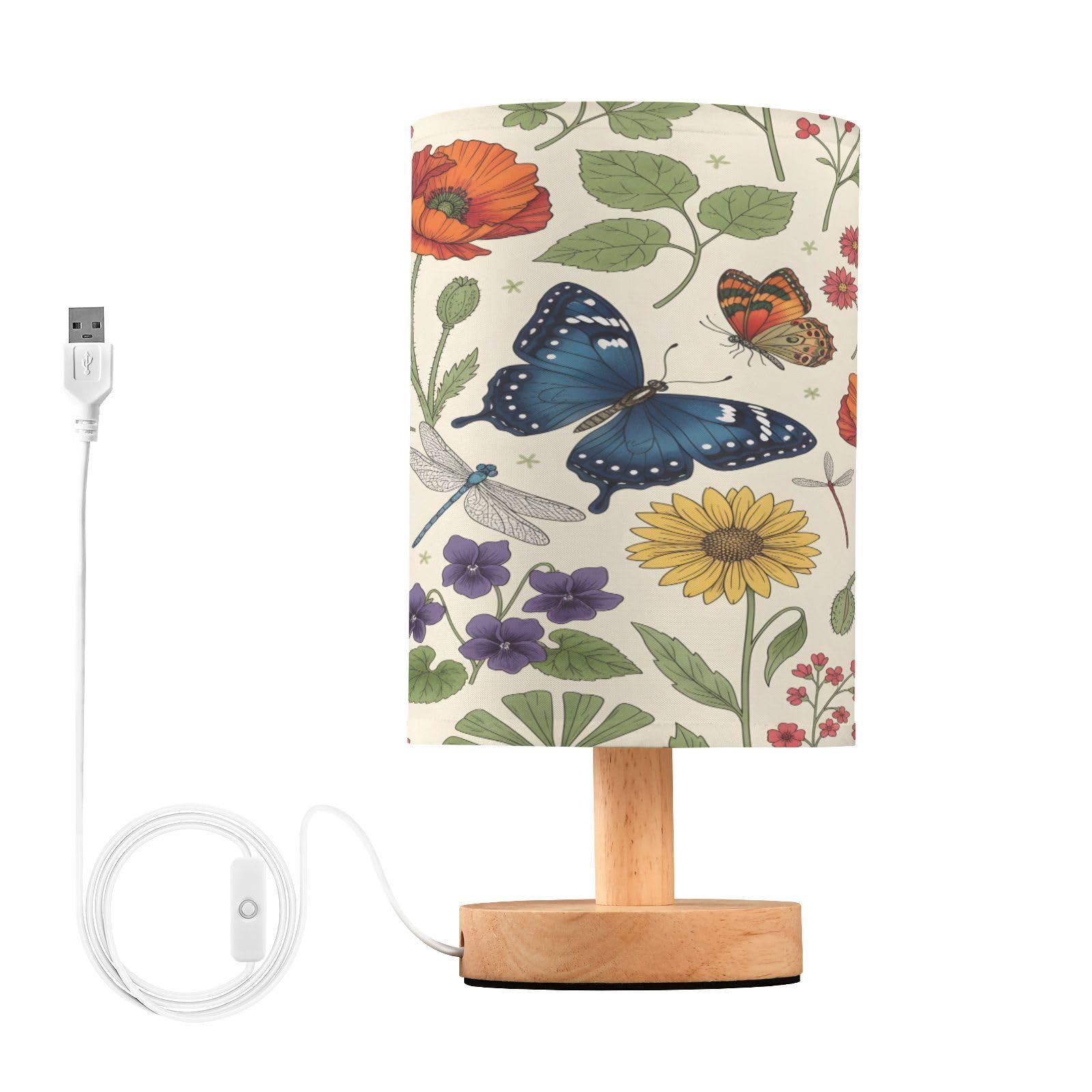 ALAZA Spring Summer Flowers Butterfly Dragonfly Table Lamp for Bedroom USB Port Bedside Lamp Small Nightstand Desk Lamp for Girl