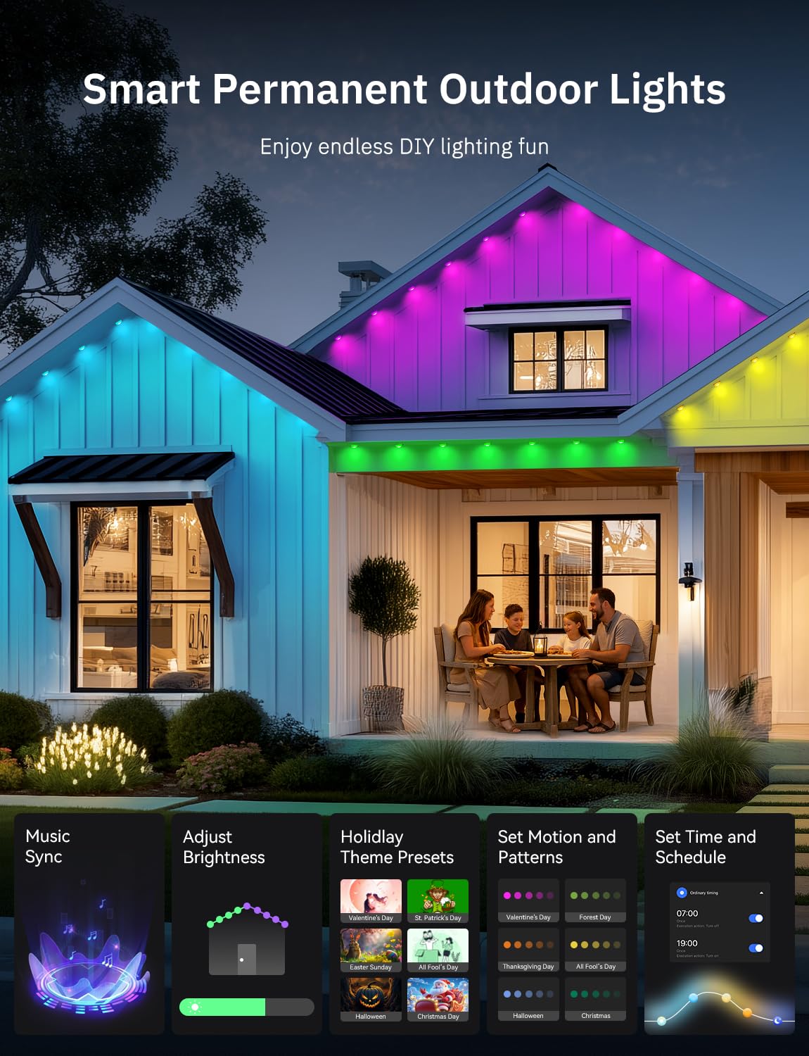 lemonlovely 200FT Permanent Outdoor Lights, Waterproof RGB+IC LED, Warm & Cool White, Model 2323, Perfect for Holiday Decor