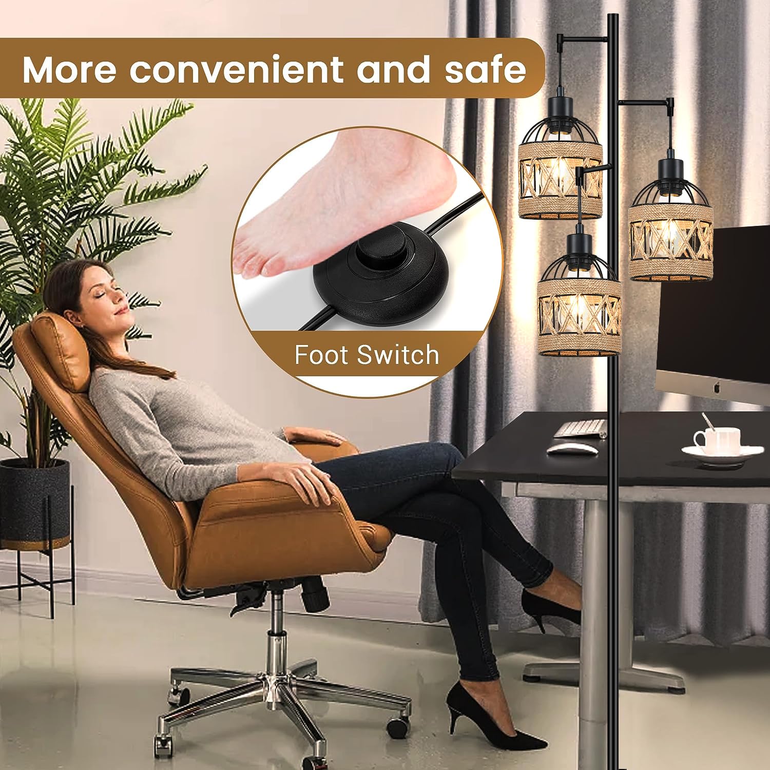 Qiyizm Floor Lamp For Living Room,Bedroom,3-Lights Boho Rattan Tree Floor Lights,Industrial Black Farmhouse Standing Lamp Wicker