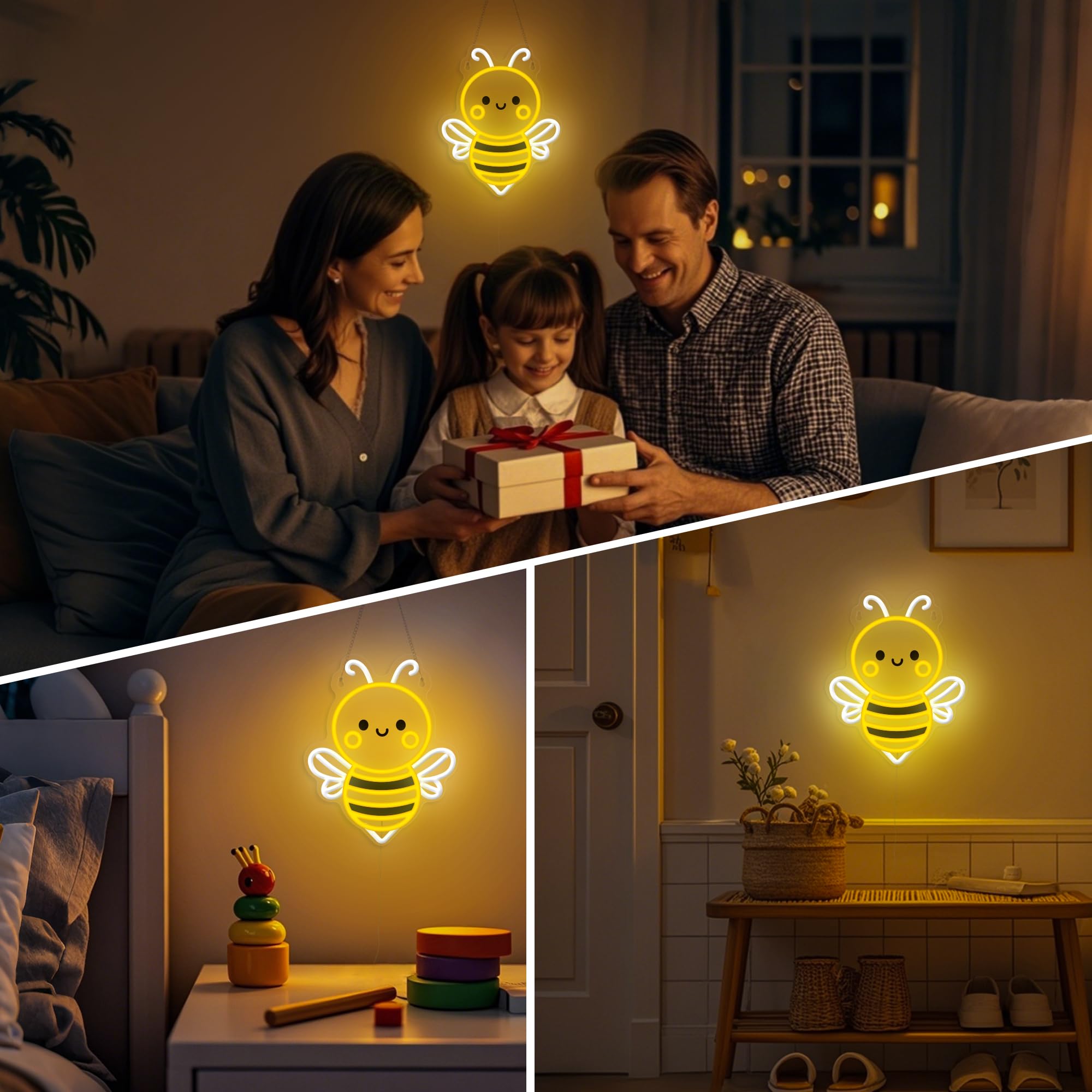 OkiyiD Bee Neon Sign Wall Art - USB-Powered, Energy-Saving Light, 11.8"x11.8", Perfect for Bedroom, Living Room, Office, and Garden