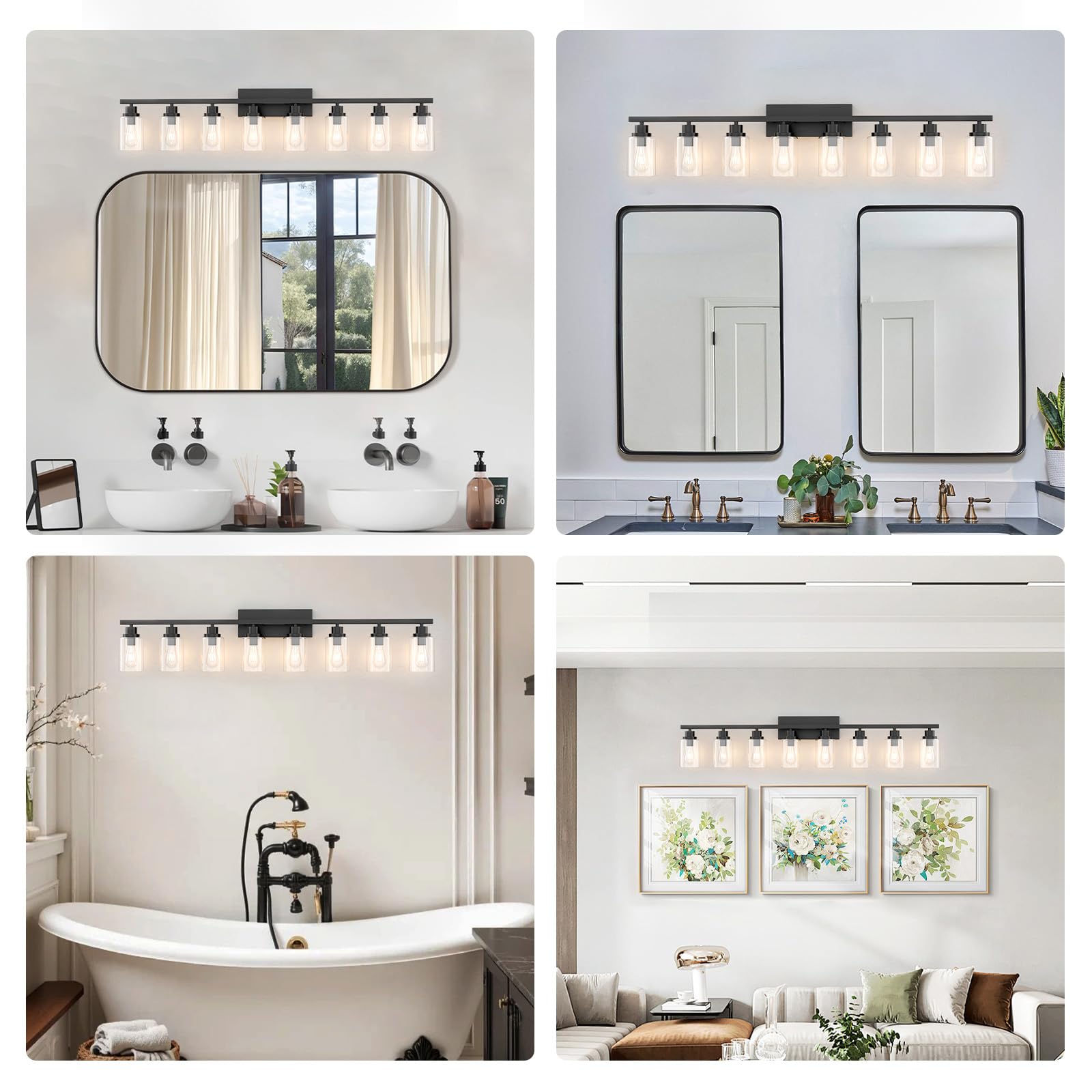 Hccz 8 Light Black Bathroom Vanity Light Fixture  Long Farmhouse Vanity Lights Over Mirror Modern Large Bathroom Lighting Wall Light With Clear Glass Globe For Mirror Living Room Bedroom
