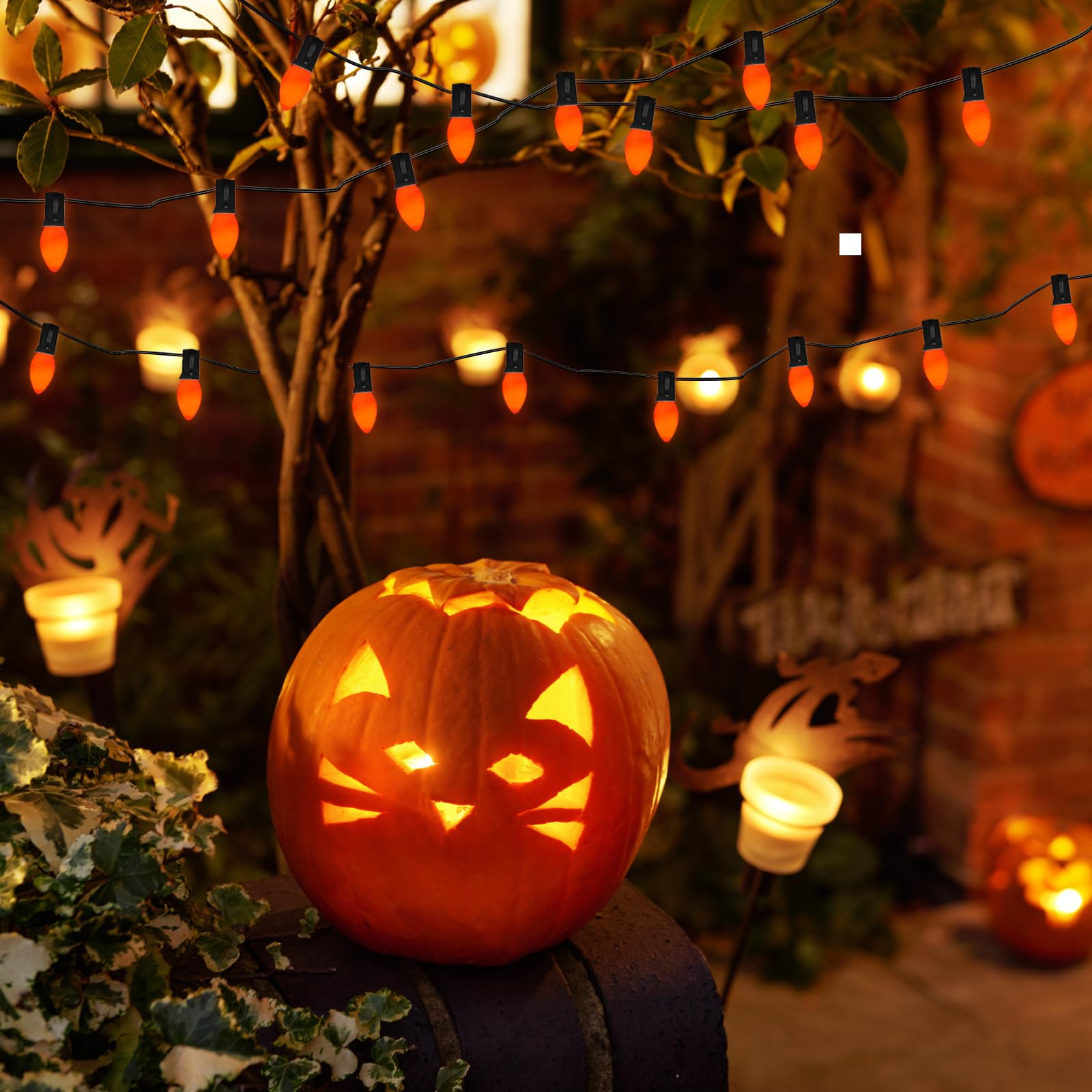 C7 Halloween Orange String Lights 25Ft Outdoor String Lights With 27 5W Orange Glass Bulbs(2 Spare), Halloween Connectable String Lights For Patio Garden Roofline Backyard Decorations, Black Wire