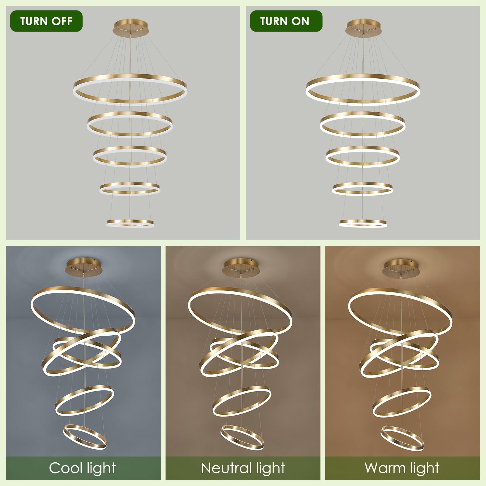 Benkut 5-Rings LED Chandelier, Gold, Dimmable, Remote Control, Modern Design, 3000K-6500K, Model P60S-5GDC1
