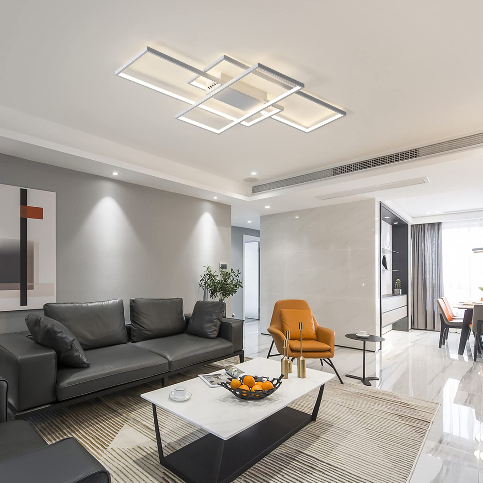 Geadi Dimmable Ceiling Light, 41.3In Flush Mount Ceiling Lamp Remote Control Modern Chandelier, 68W Square White Acrylic Close T