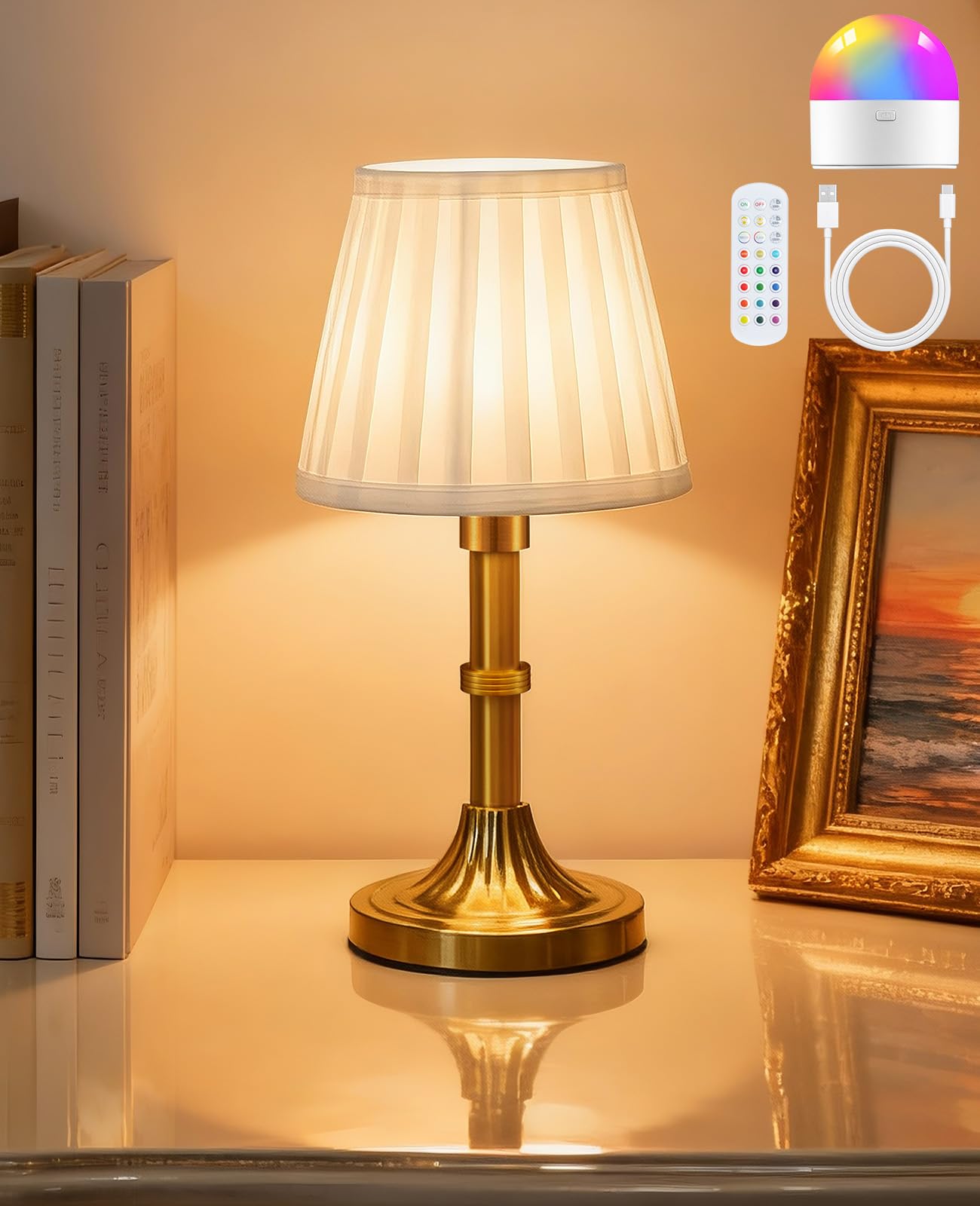 Glitnous Cordless Table Lamp, 8000mAh Small Table Lamp with Remote Control, Rechargeable Battery Powered Light with Fabric Shade