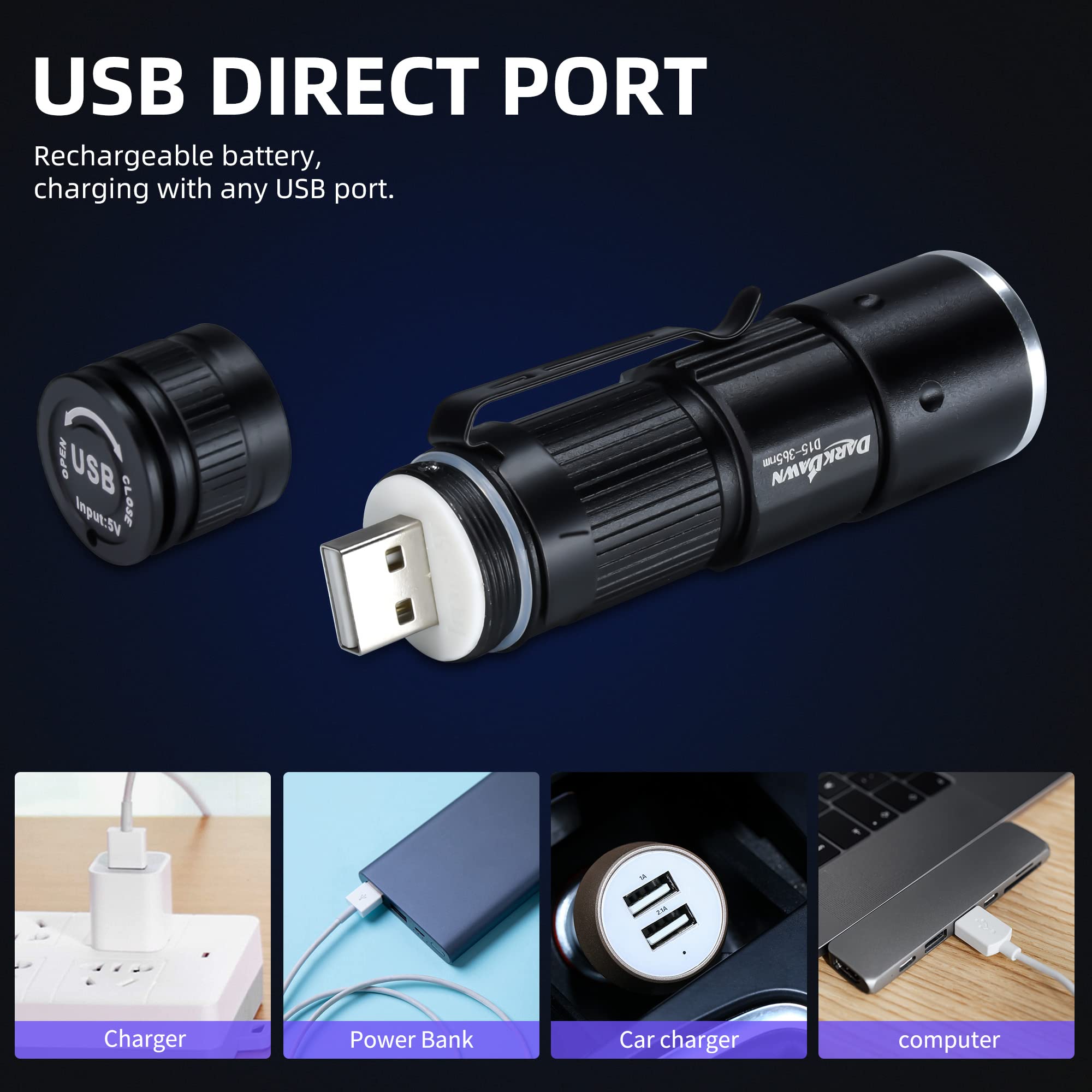 DARKDAWN UV 365nm Black Light Flashlight, USB Rechargeable, Portable Mini, Aluminum, D15 Model, Ideal for Stain Detection, 1-Pack