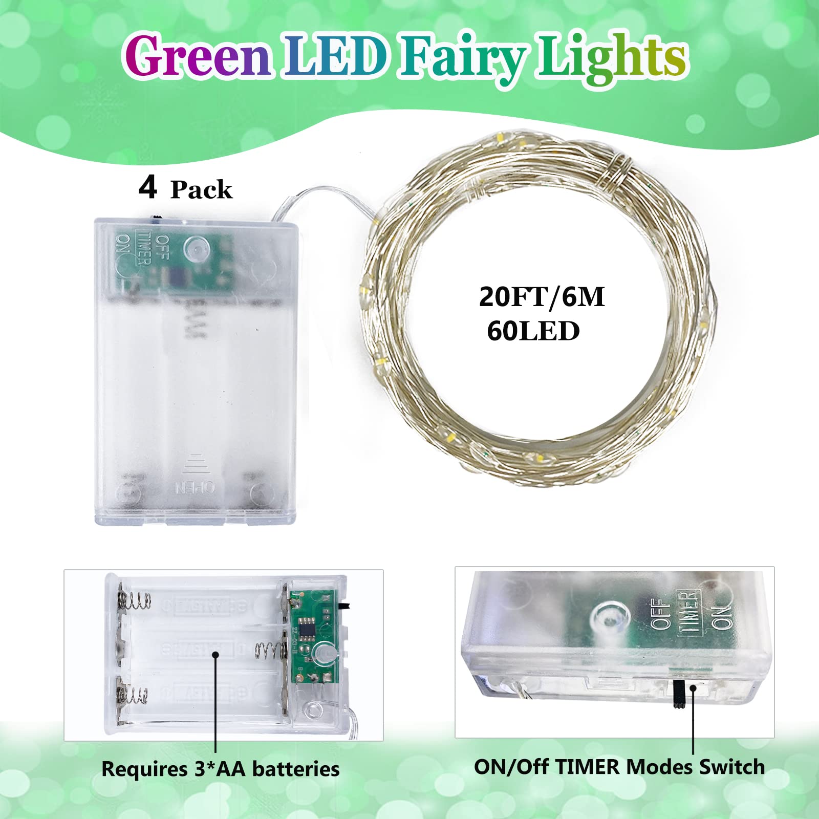 BOSSERN 4 Pack 20FT 60LED Green Battery Operated Fairy Lights, Waterproof with Timer for Indoor/Outdoor Use, Model DCHD-04-Green